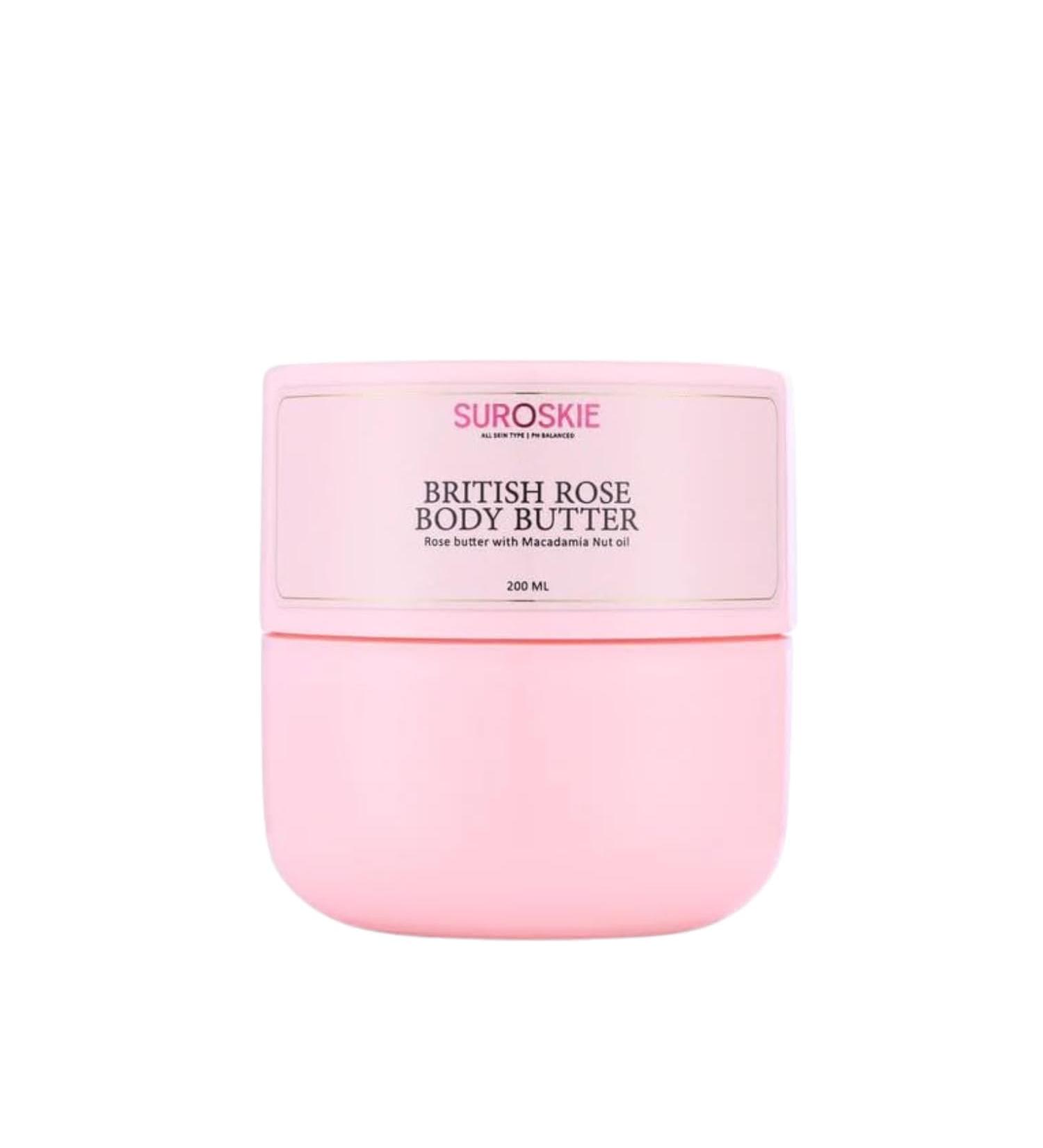 Suroskie British Rose Body Butter 200Ml | For Deep Hydration & Nourish Skin | Upto 96 Hrs | With Vitamin E Macadamia Nut & Coconut Oil | Uv Ray Protection | Dry Skin | Body Butter For Women & Men - Buy Online on GoSupps.com