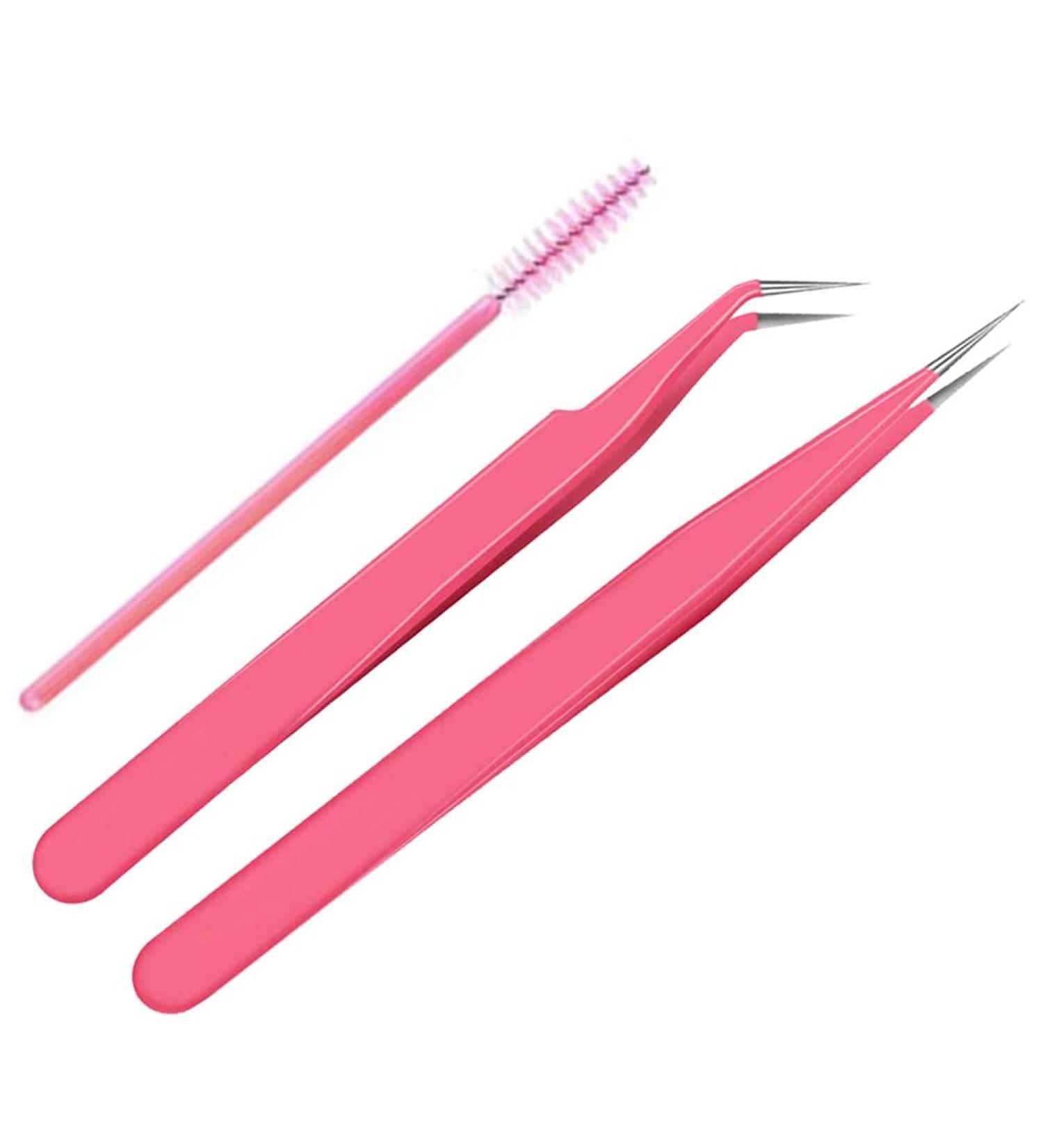 Stainless Steel Eyelash Extension Tweezers - Straight and Curved Tip with Brush - Buy Online on GoSupps.com