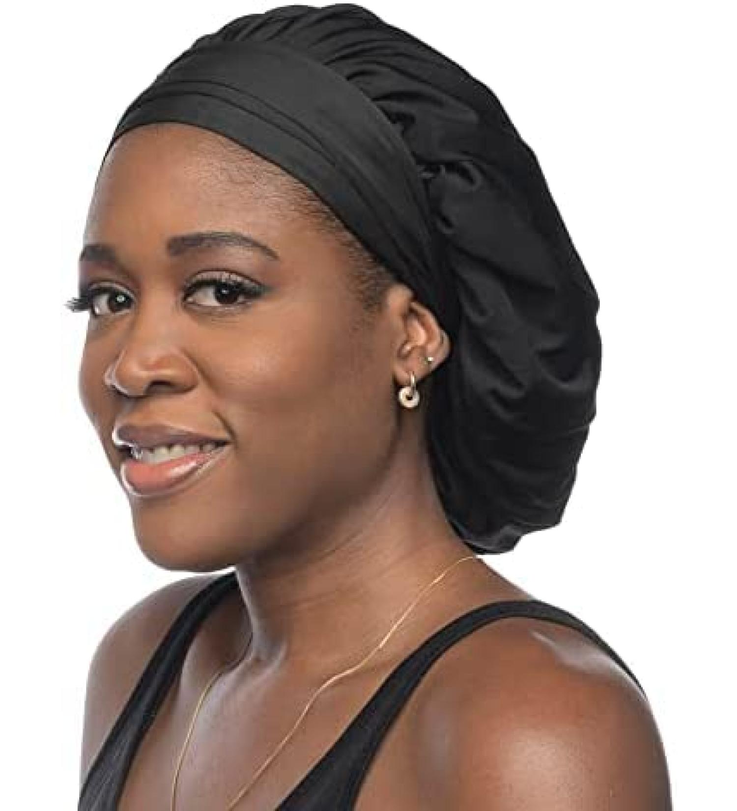 Satin Lined Double Layer Hair Cap for Curly Hair | Women's Sleep Bonnet in Black/Pink-Blue-Gold - Buy Online on GoSupps.com