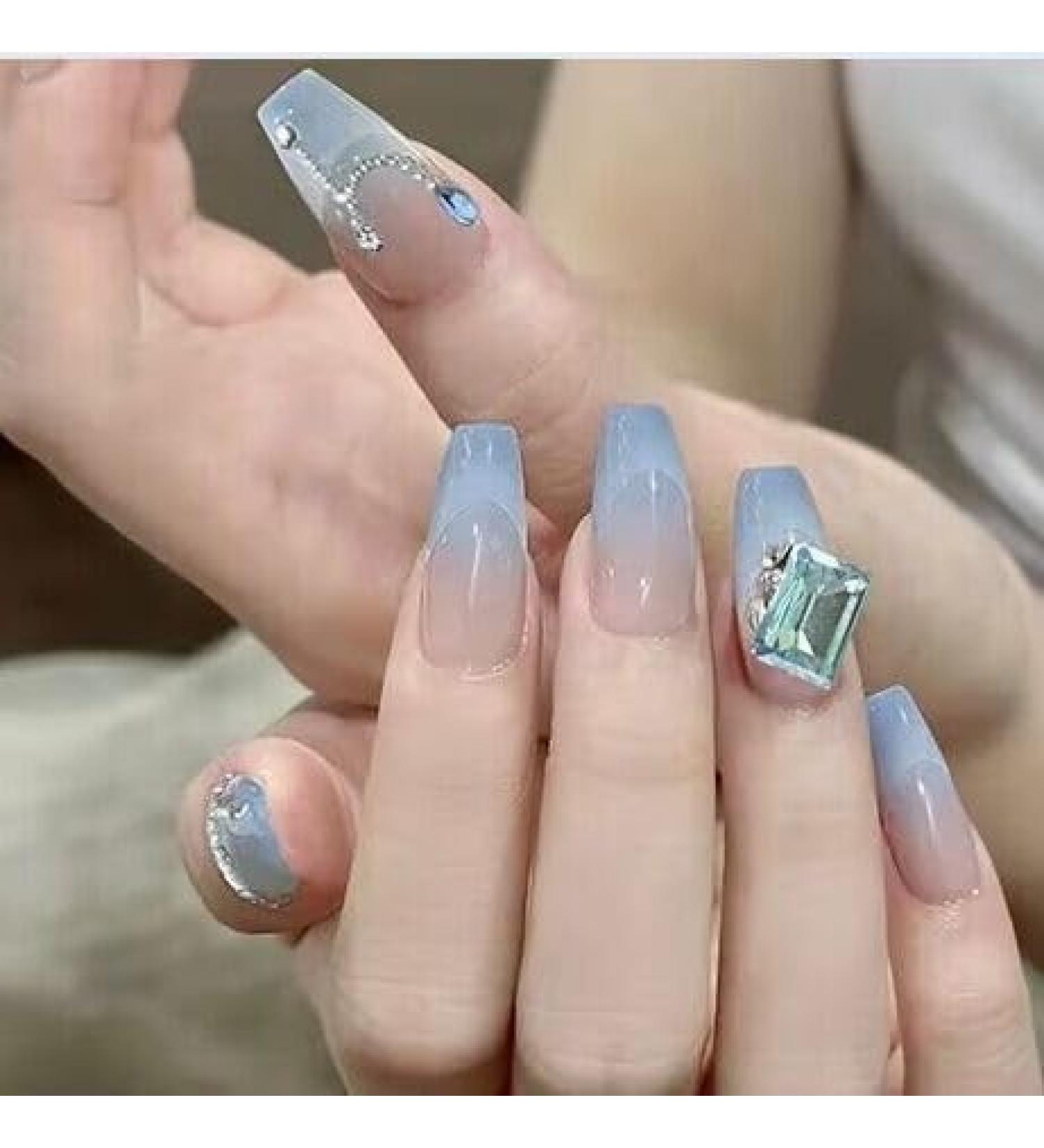 24Pcs/Set Press On Nails Summer Ice Through Blue French Freshing Blue Diamond Long False Nails Acrylic Fake Nails Full Cover Nails Tips Artificial Finger Manicure Press on nails for Women and Girls - Buy Online on GoSupps.com