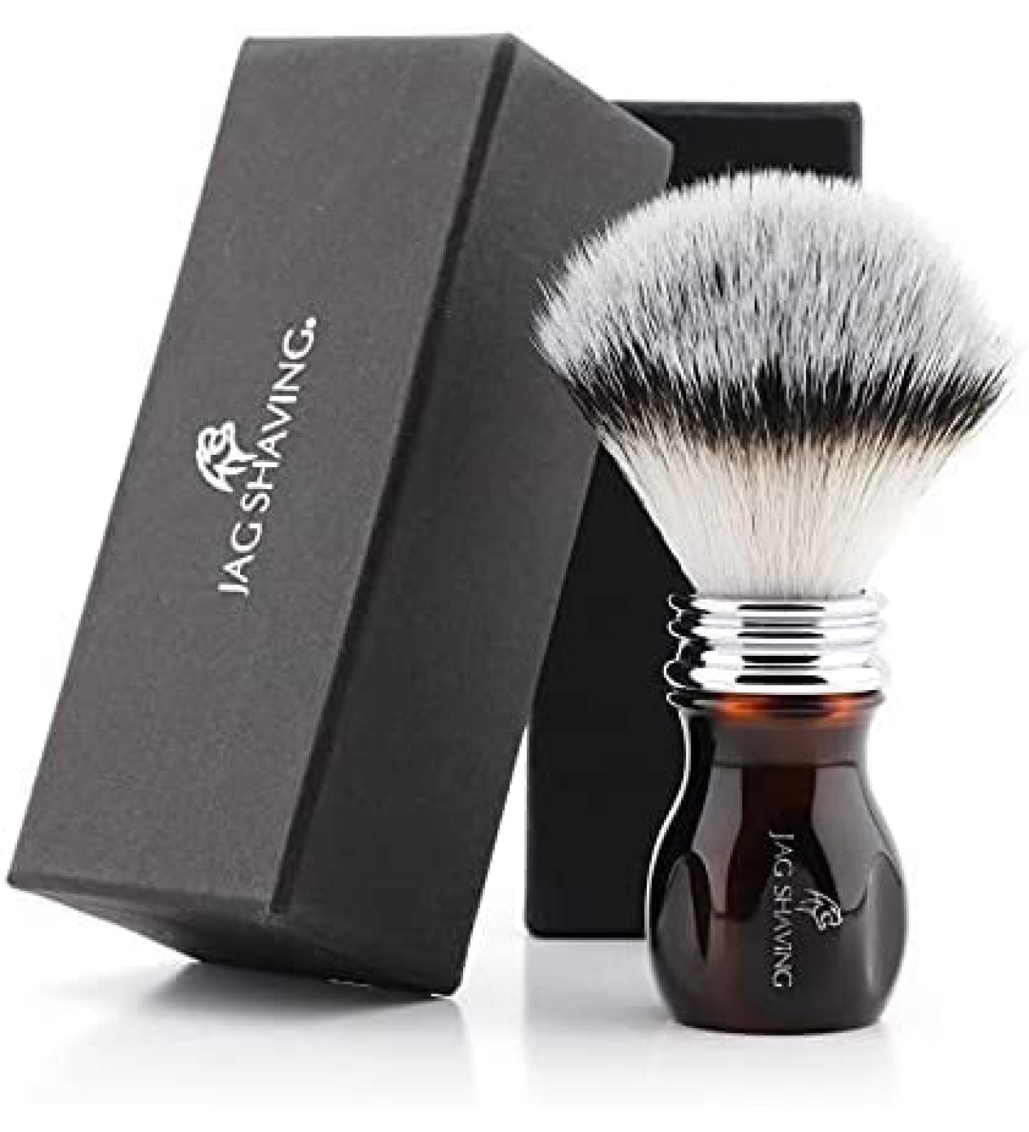 Jag shaving brush made of synthetic hair with synthetic resin handle in black and red for wet shaving