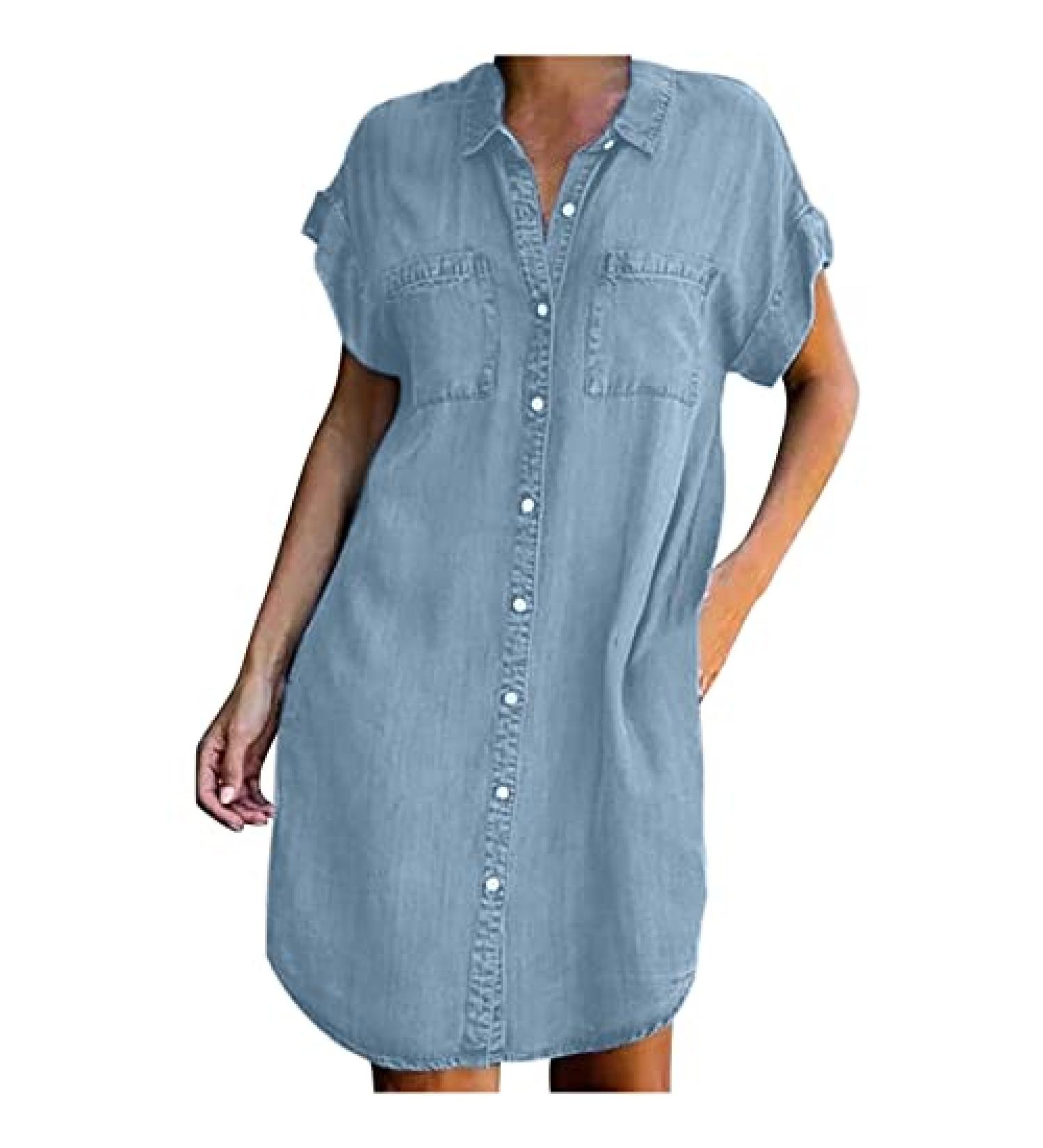 Women's Short Sleeve Denim Shift Tunic Dress - Light Blue, Large - Buy Online on GoSupps.com