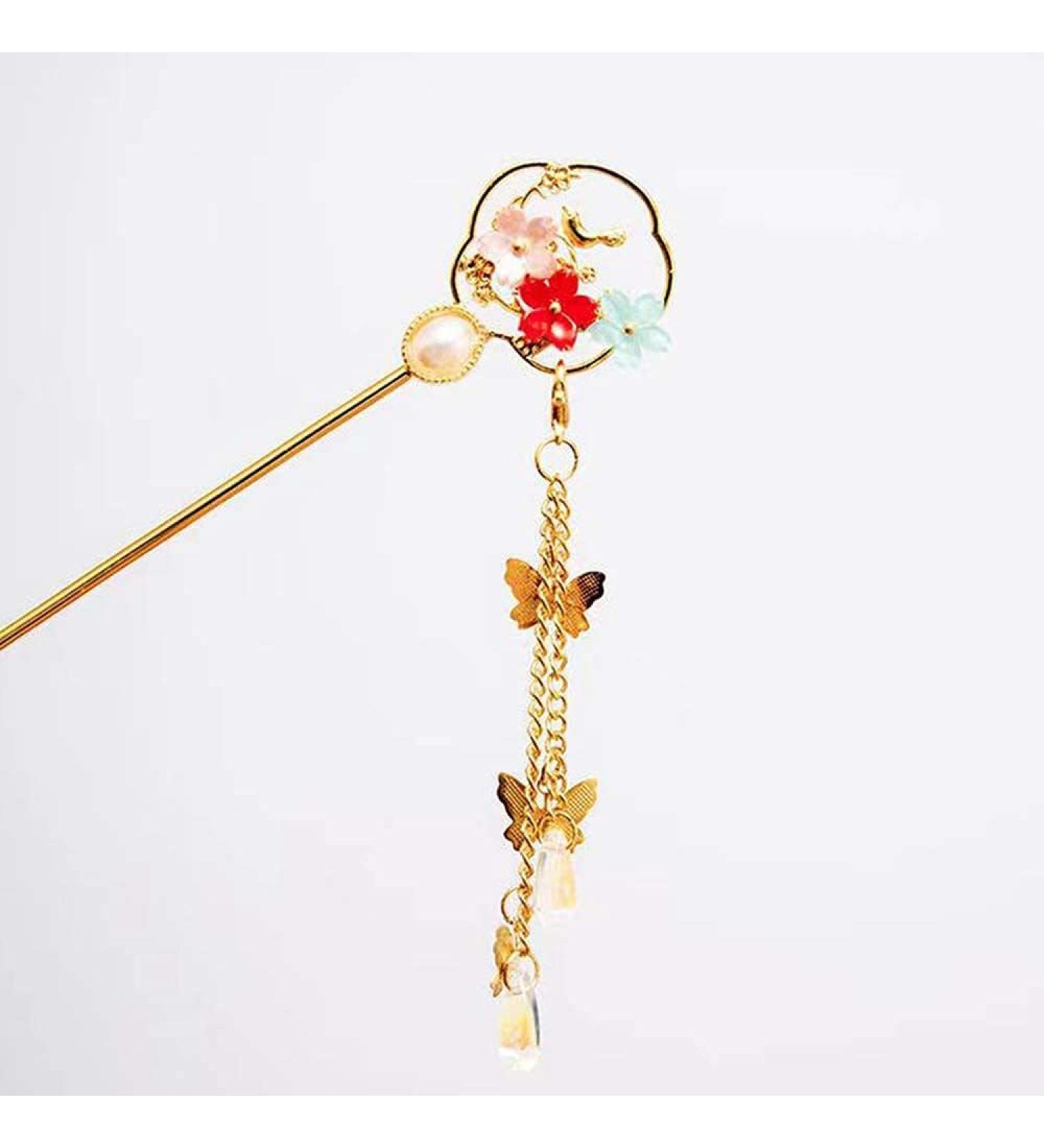 Retro Flower Hair Stick - Chinese Hanfu Style Hairpin with Pearl Tassel and Crystal Bead - Gold Hair Accessories - Buy Online on GoSupps.com