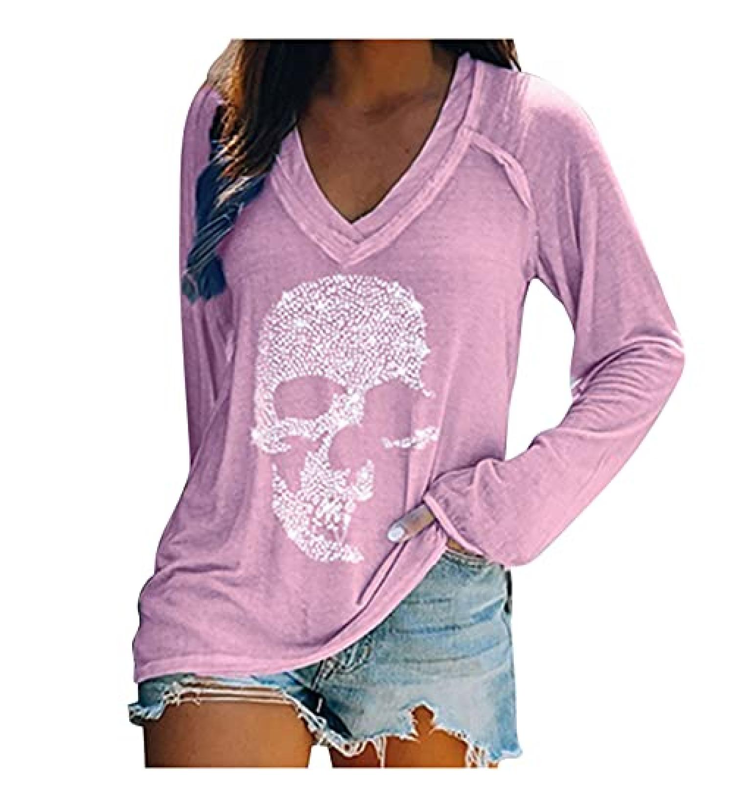 Women's Halloween V Neck Sweatshirt - Skeleton Print Long Sleeve T-Shirt Hot Drill Blouse in Medium Purple - Buy Online on GoSupps.com