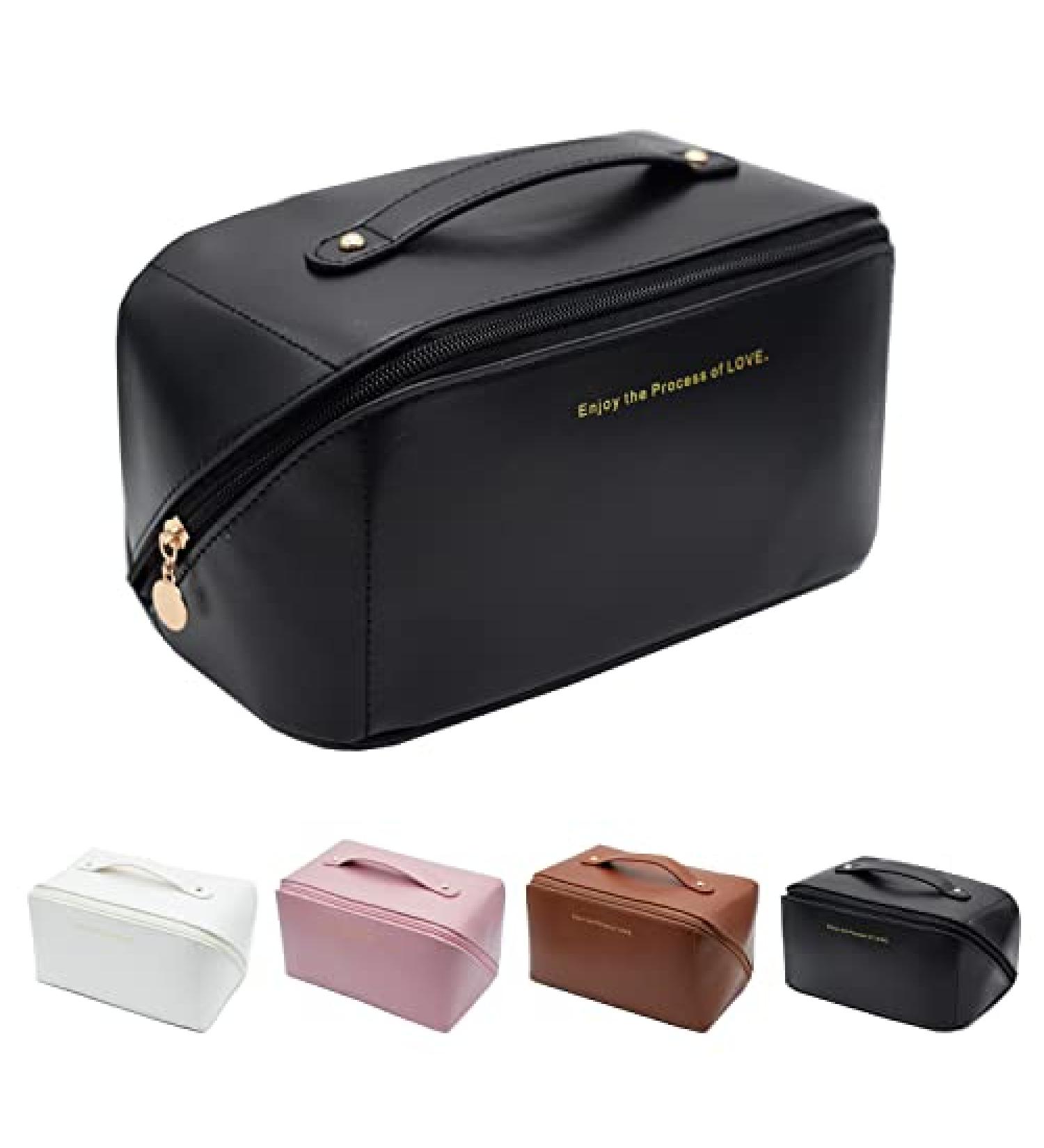 Rudmox Large Capacity Leather Travel Cosmetic Bag for Women - Organizer Toiletry Bag with Handle and Divider | Skincare, Cosmetics, Toiletries - Black - Buy Online on GoSupps.com