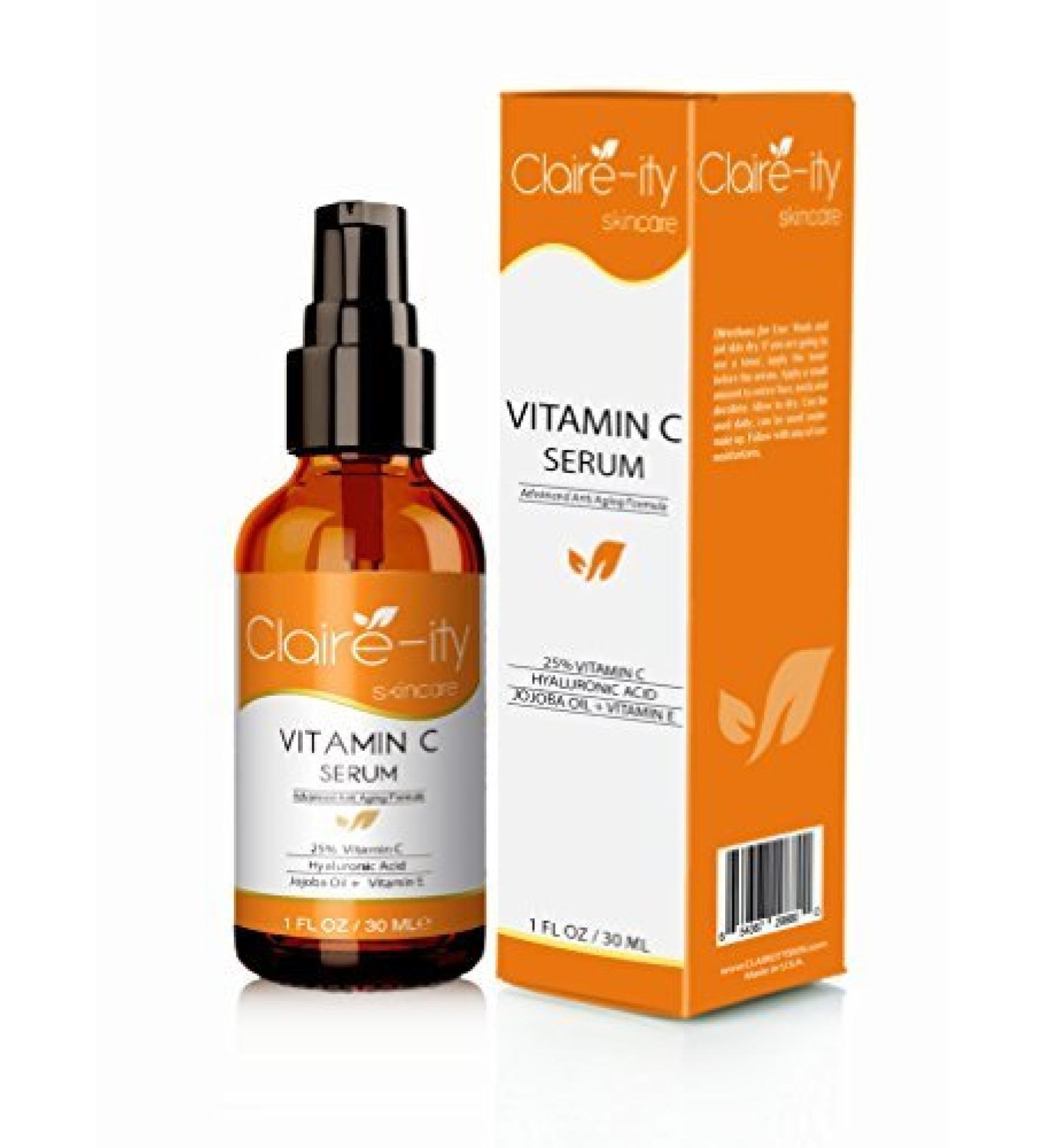 Claire-ity 25% Vitamin C Serum with Hyaluronic Acid and Vitamin E  Organic Topical Anti-Aging Moisturizing Facial Serum for Face  Neck & D collet (1 fl. oz) 25% Vitamin C Serum 1 Fl Oz (Pack of 1)