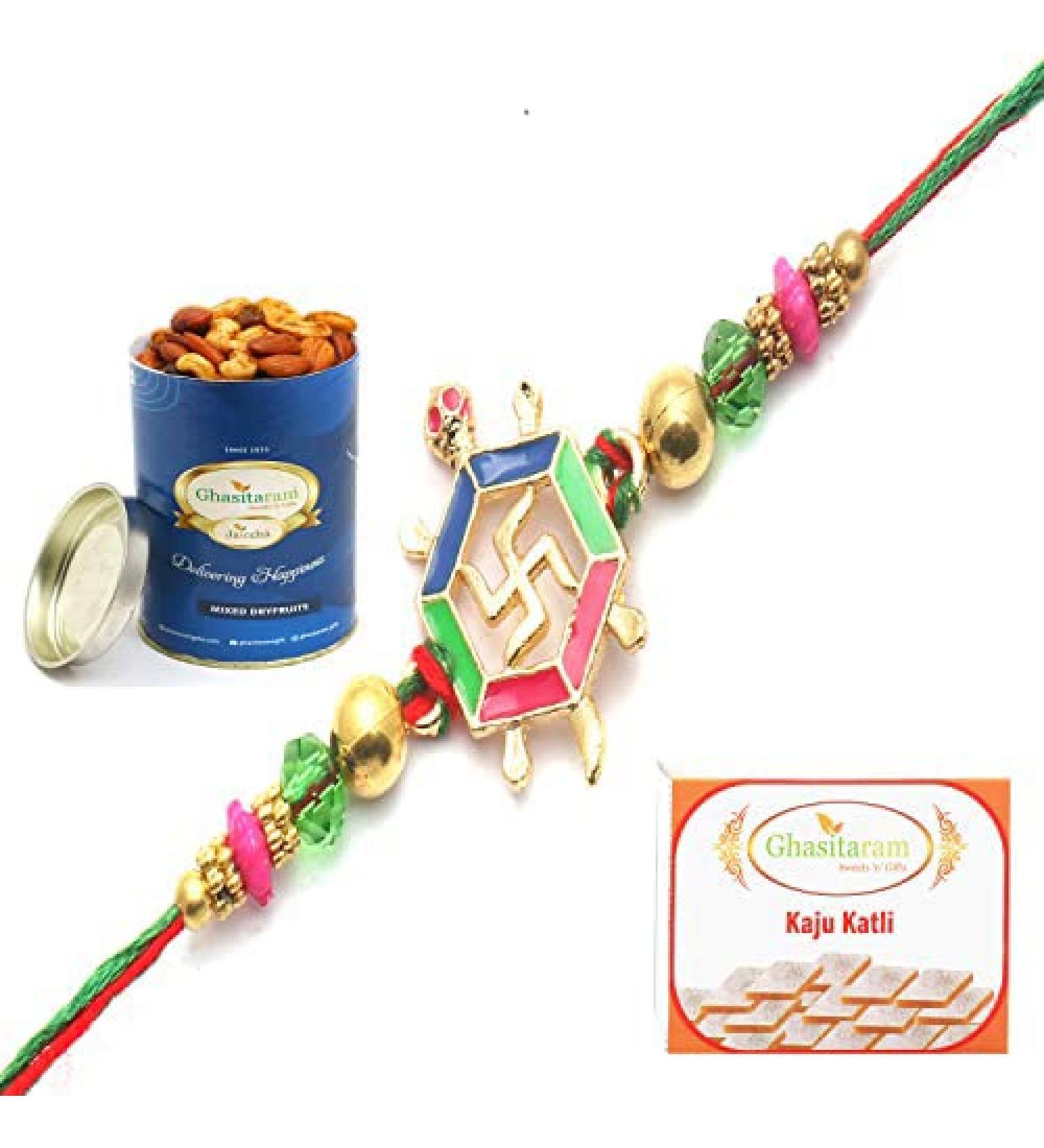 Ghasitaram Gifts Rakhi for Brother Rakhis Online - Blessings of The Divine Power for My Brother Rakhi with 200 GMS of Kaju katli with 100 GMS of Dryfruits Mix Can 200 GMS of Kaju katli - Buy Online on GoSupps.com