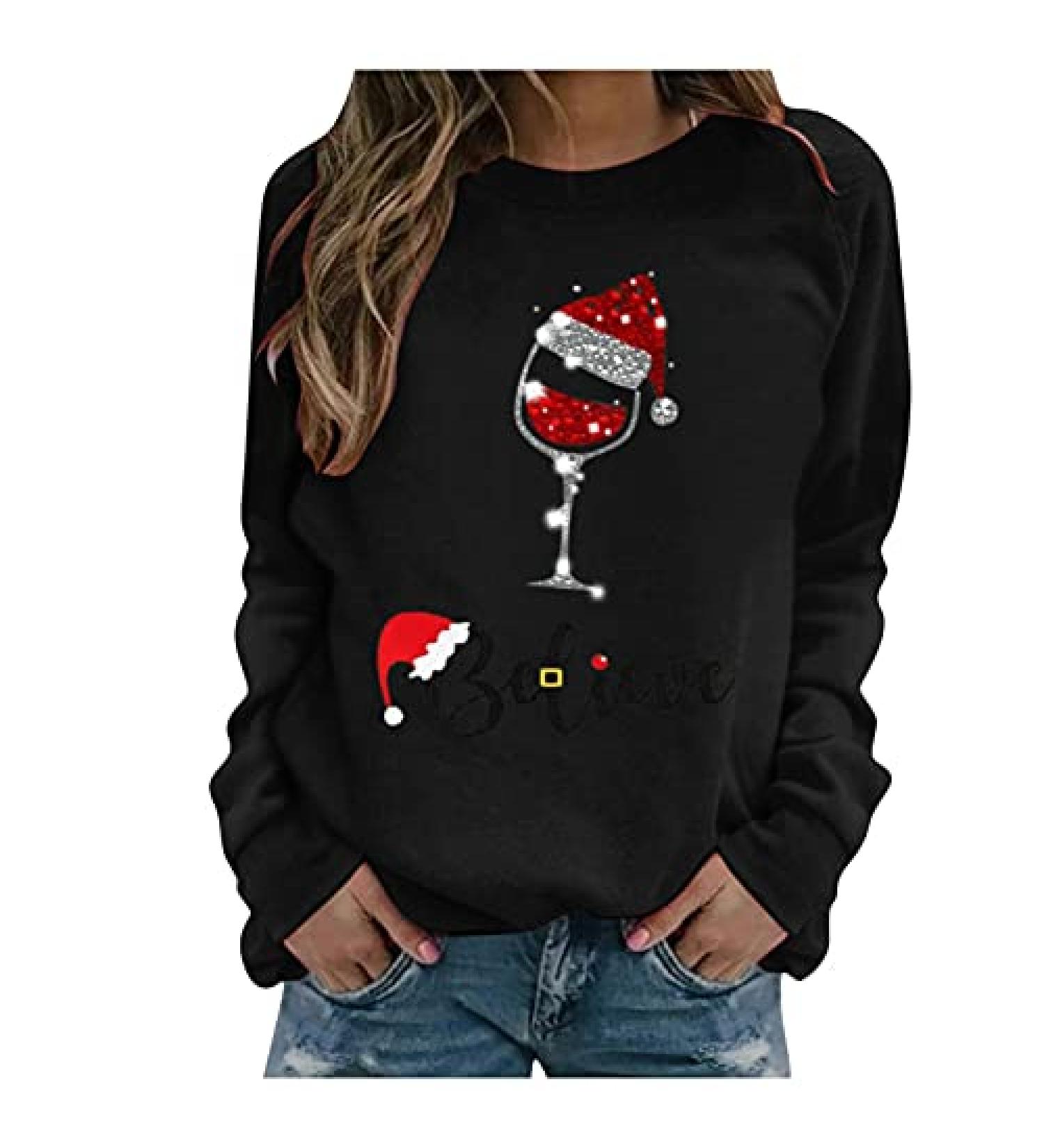 Kiasebu Fall Sweatshirt for Women - Wine Bottle Print Christmas Sweater - Long Sleeve Casual Top - XX-Large Black - Buy Online on GoSupps.com