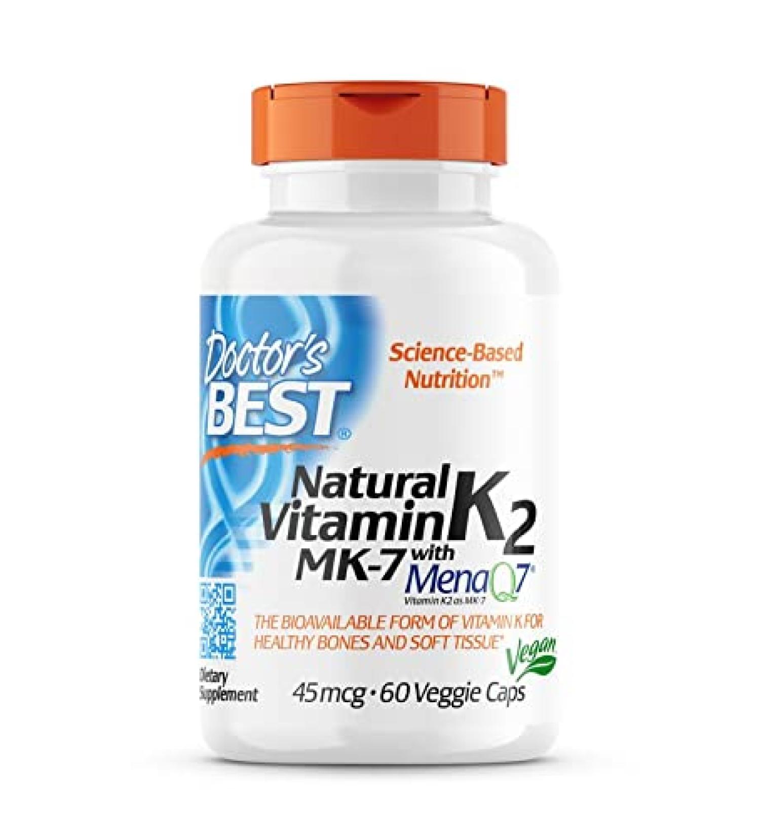 Doctor's Best Vitamin K2 MK-7 45mcg 60 Vegan Capsules | Lab Tested, Gluten Free, Soy Free, Vegetarian - Buy Online on GoSupps.com