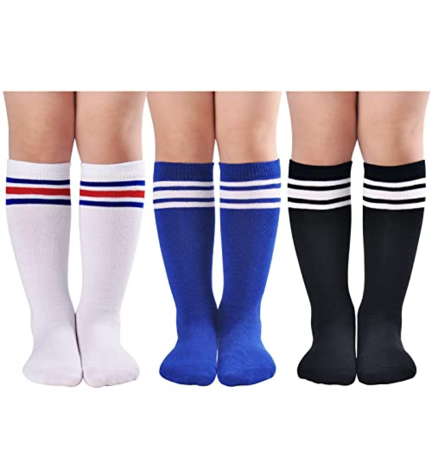 LO SHOKIM Toddler Knee High Soccer Socks - Kids Girls Boys Striped Over the Calf Uniform Stockings 3 Pairs (Black, Blue, White & Red) - Size 5-7 Years - Buy Online on GoSupps.com