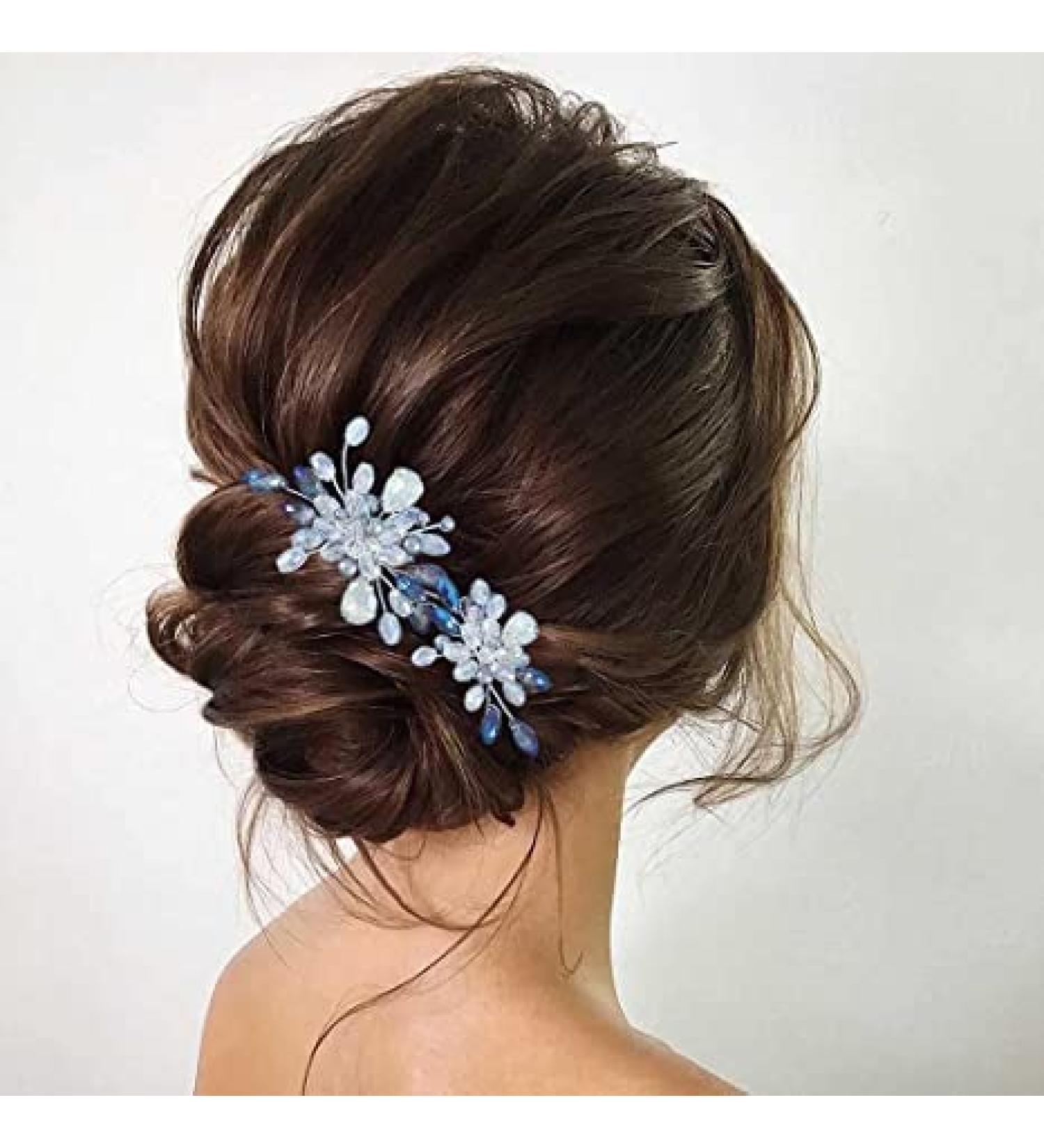 Edary Silver Blue Pearl Wedding Hair Needles & Rhinestone Accessories | 2-Piece Bride Hair Clips for Women & Girls - Buy Online on GoSupps.com
