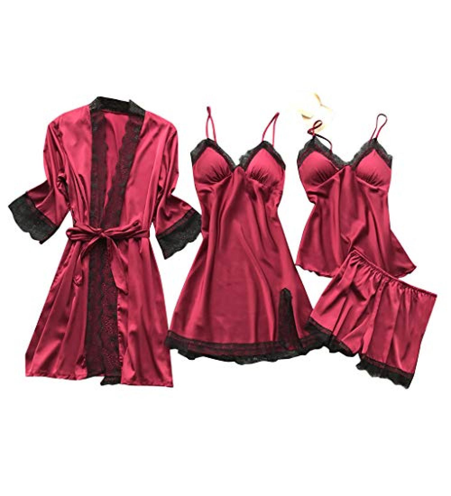 Red Satin Silk Pajama Set for Women - 4pcs Cami Top Shorts Nightgown Robe Sleepwear - Sexy & Cute Stain PJs - X-Large - Buy Online on GoSupps.com
