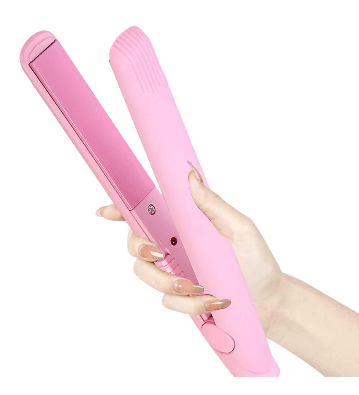 2 in 1 Mini Hair Straightener and Curler - Ceramic Tourmaline Flat Iron for Sleek Waves & Curls (Pink) - International Shipping Available - Buy Online on GoSupps.com