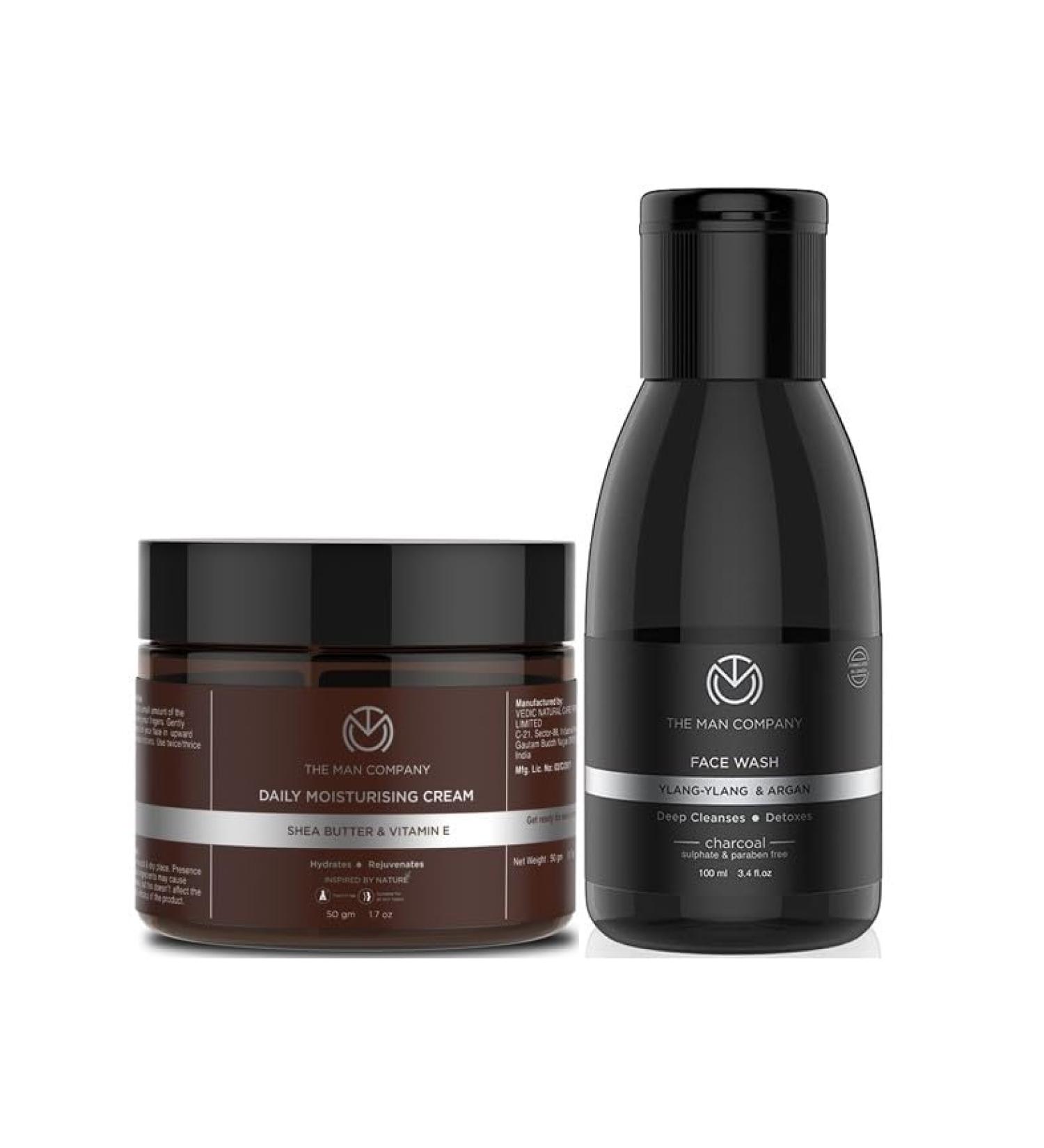 The Man Company Face Care Combo - Charcoal Face Wash & Moisturizing Cream with Shea Butter & Vitamin E for All Skin Types - International Shipping Available - Buy Online on GoSupps.com