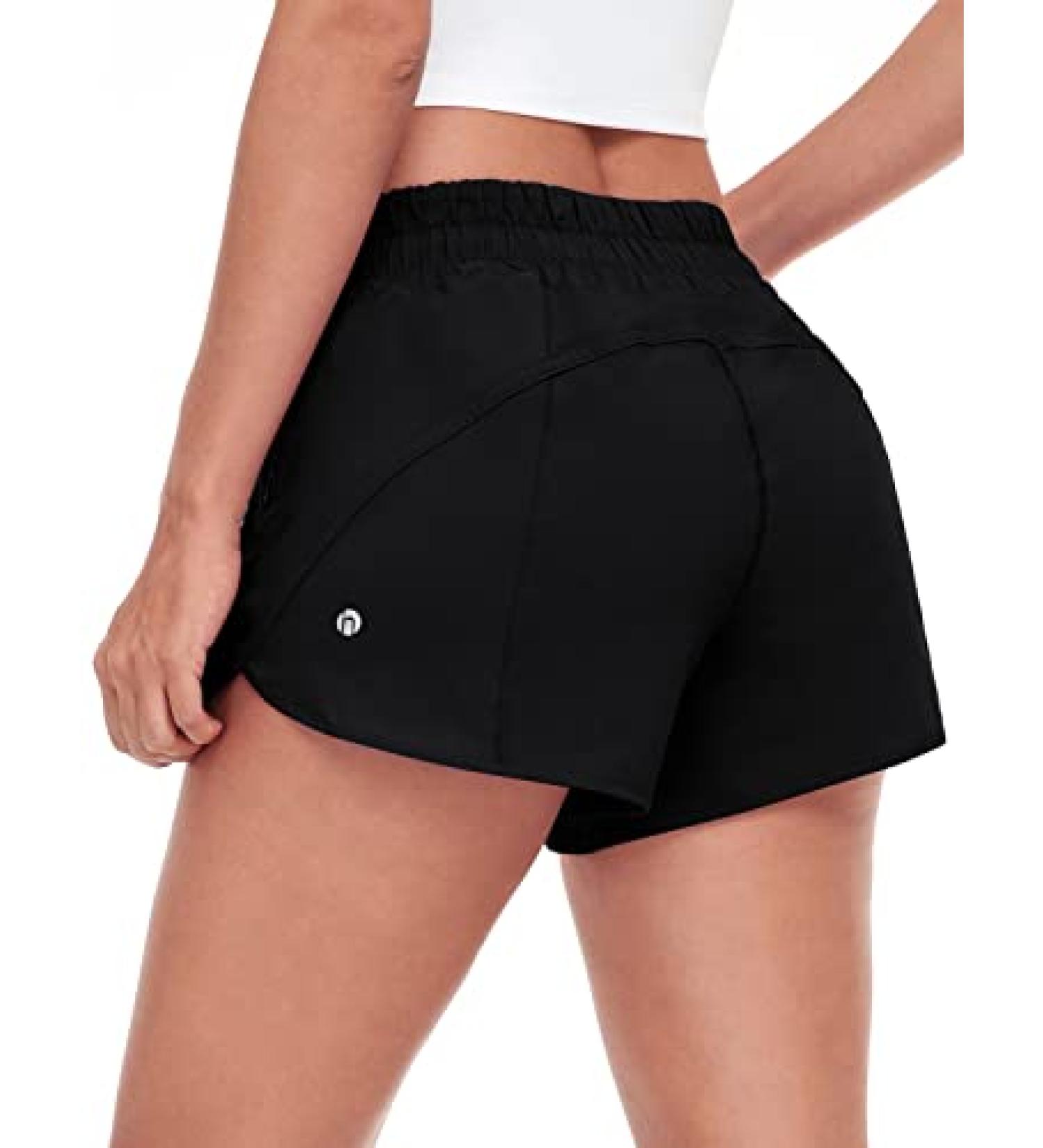 HeyNuts Stride Women's Running Shorts | Mid-Waisted Athletic Shorts with Side Pocket | Workout Shorts with Liner | 4 Inseam | Black - Buy Online on GoSupps.com