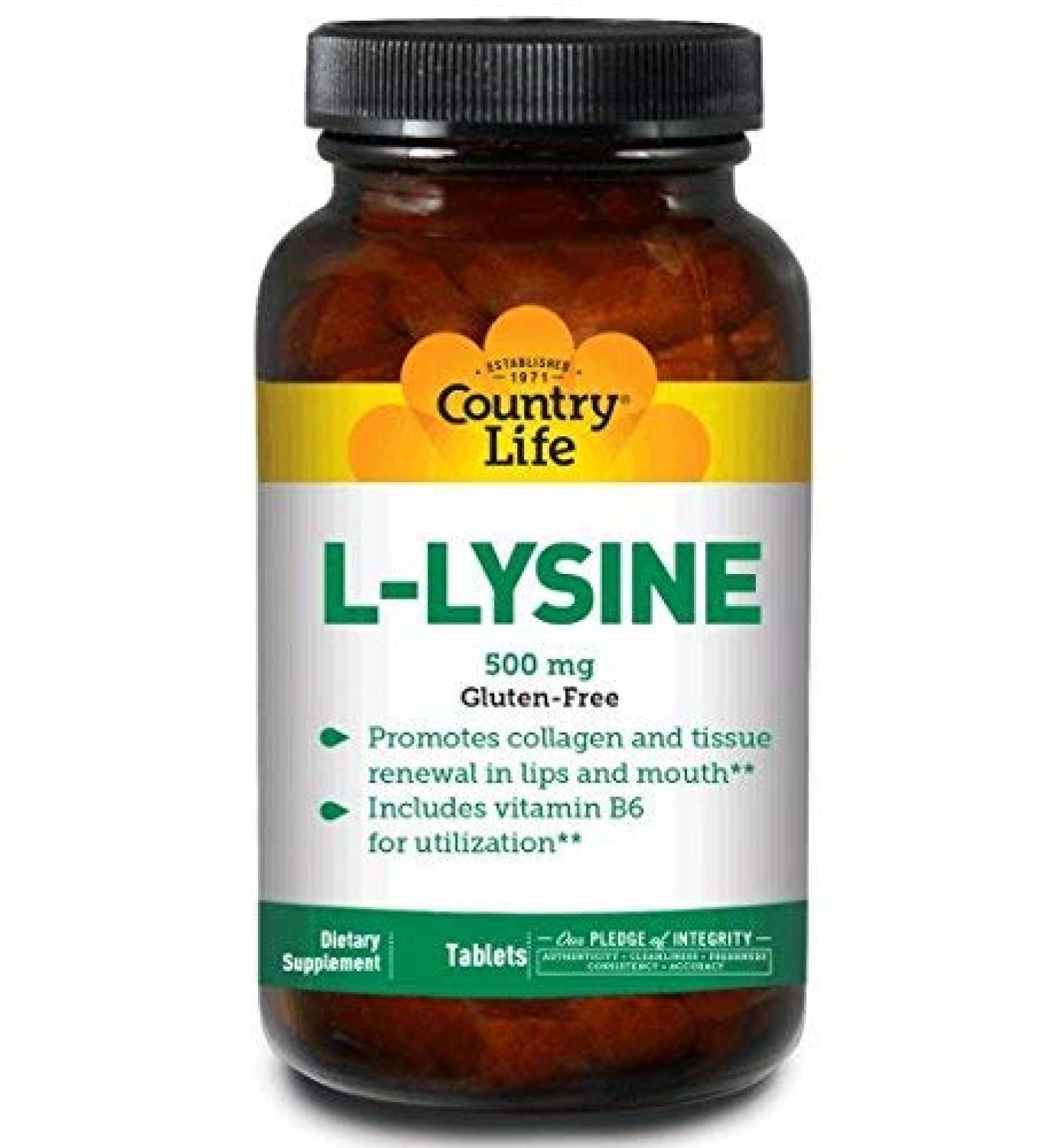 Country Life L-Lysine 500 mg with B-6, Supports Immune Health, Promotes Collagen Renewal in Lips and Mouth, 100 Tablets, Certified Gluten Free, Certified Vegetarian 100 Count (Pack of 1)