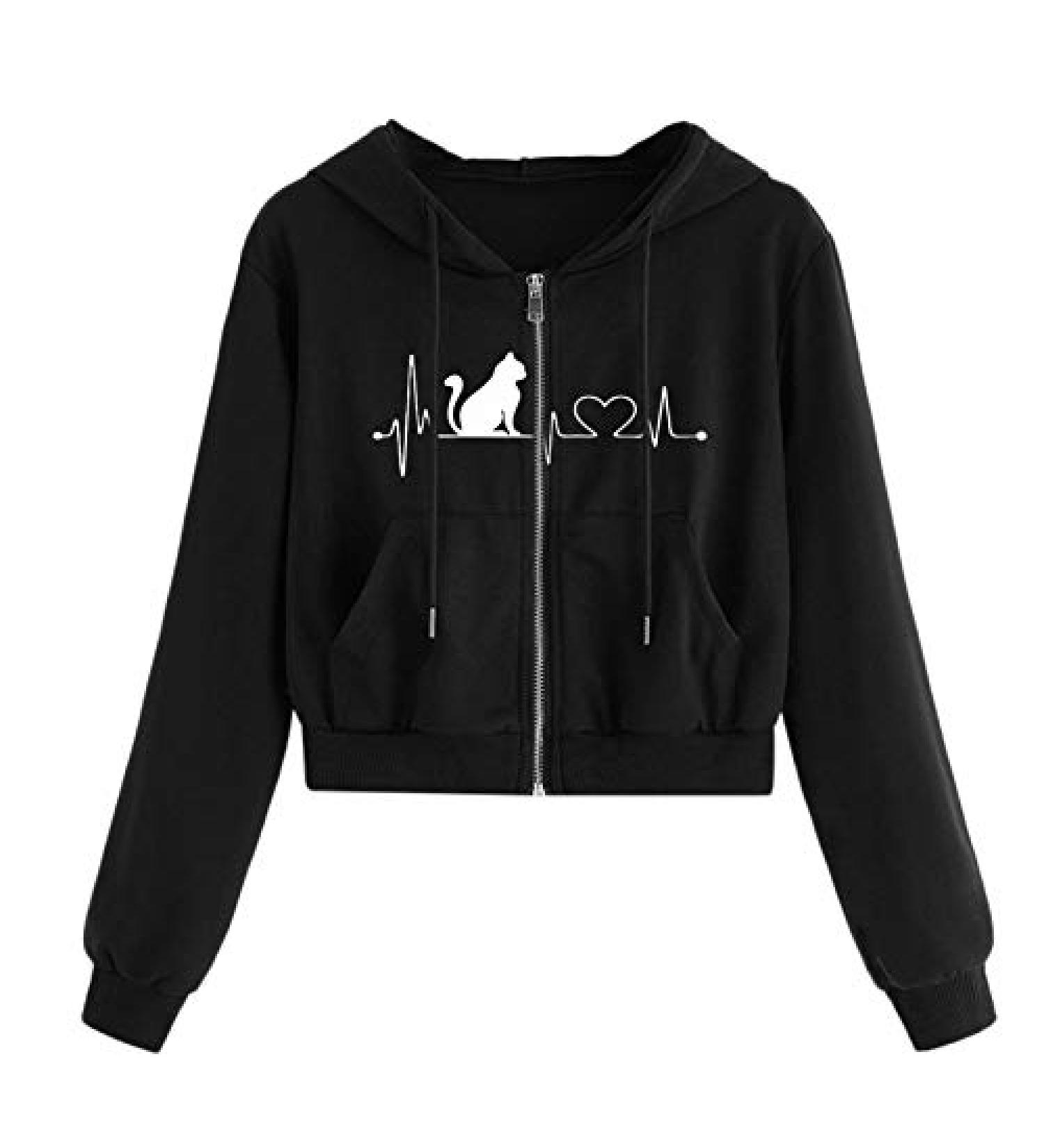 Cute Black Cropped Hoodie Jacket with Zip Up and Drawstring for Teen Girls - Size Large - Buy Online on GoSupps.com