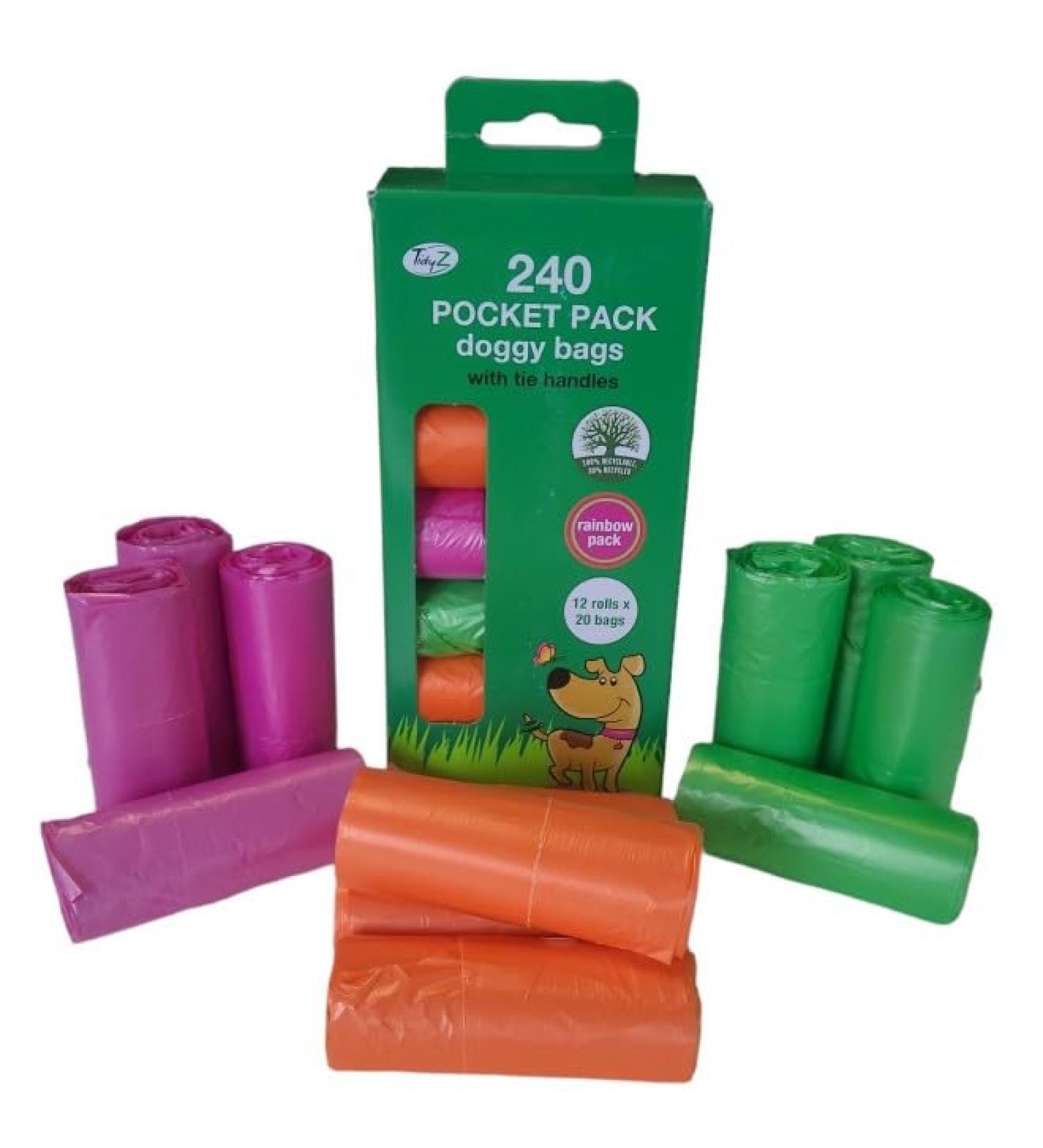 TidyZ 240 DOGGY BAGS WITH TIE HANDLES POCKET PACK RAINBOW COLOURS (12 rolls of 20 bags) - Buy Online on GoSupps.com