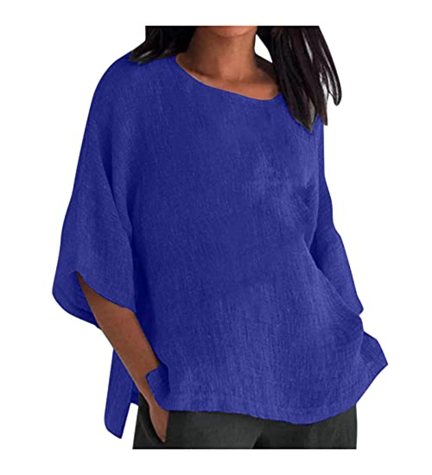 Dark Blue Oversized Cotton Linen Summer Shirt for Women | Half Sleeve | Crewneck Tunic Top | Loose Fit - Buy Online on GoSupps.com
