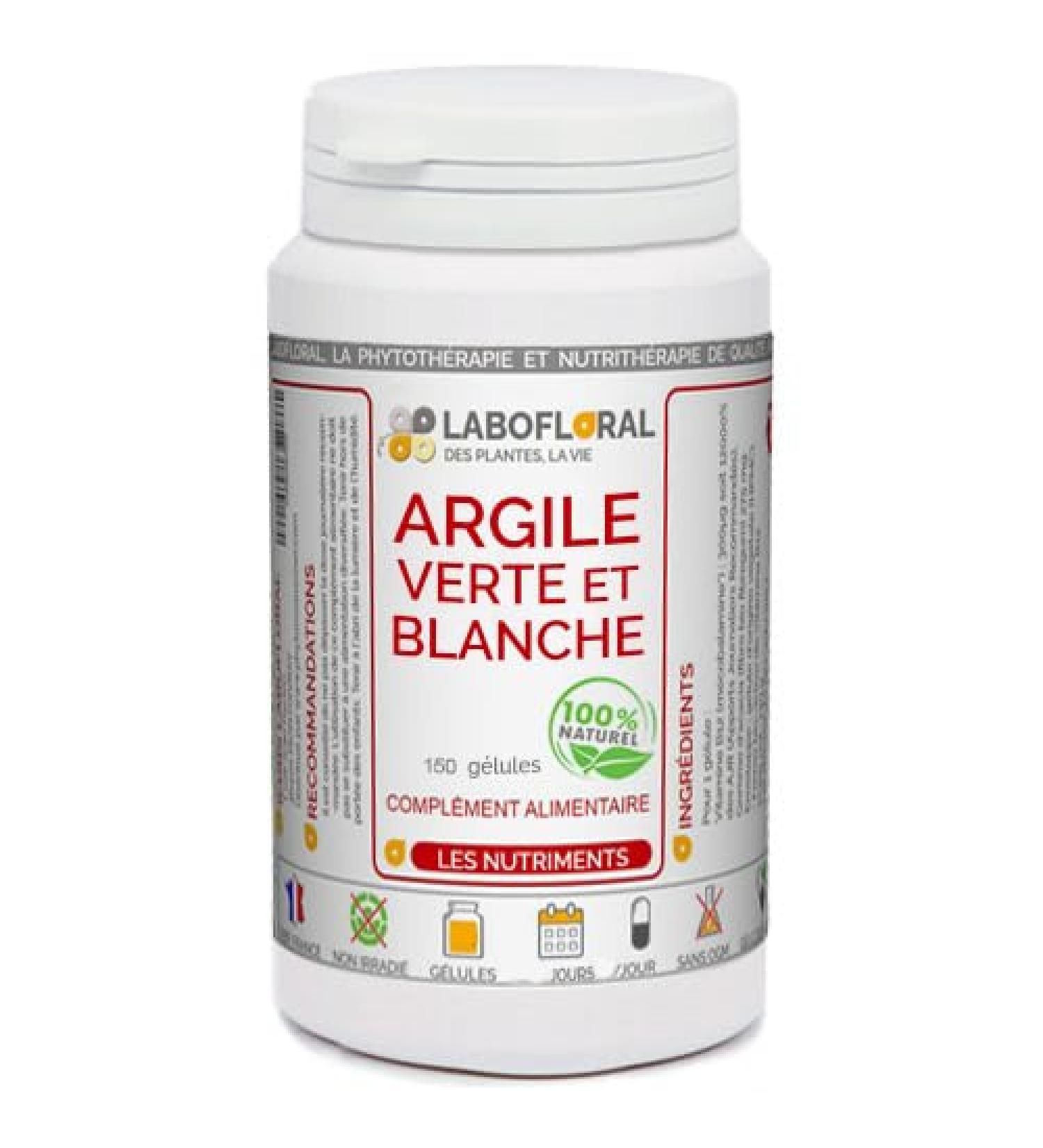 Labofloral Green and White Clay 150 Capsules with a Strength of 420 mg - Food Supplement - Purifying and Soothing Benefits of the Digestive System, Detox Treatment - Made in France