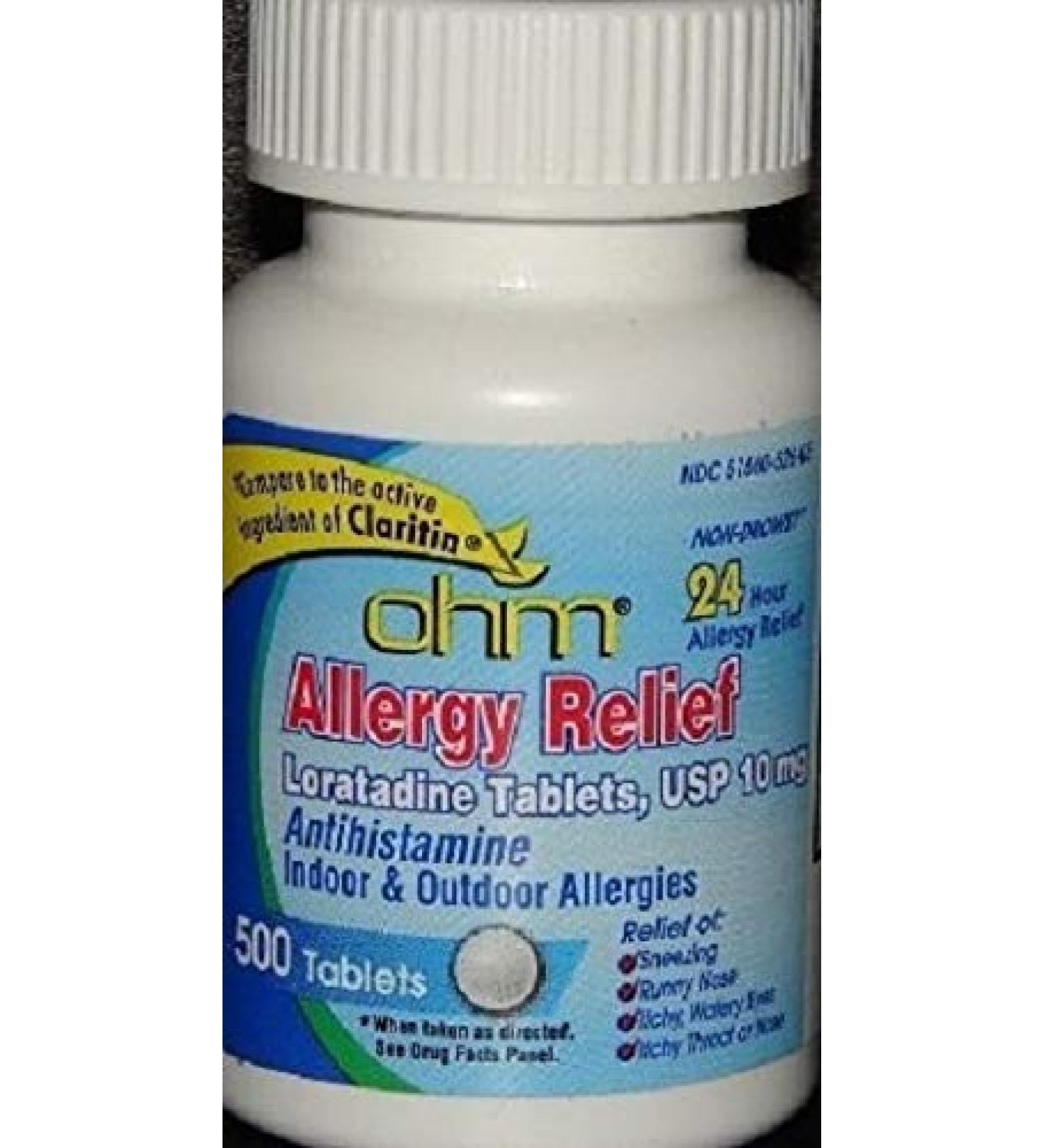 Loratadine USP 10 Mg Antihistamine Allergy Relief Tablets by Ohm - 500 Ea