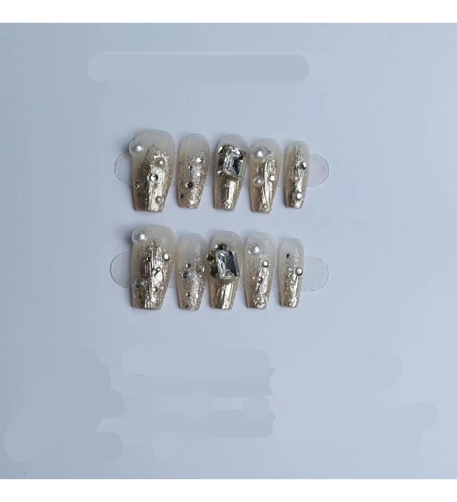 Handmade wearable nail spring and summer show white square sugar bright diamond removable handmade wearable nail (Color : M) - Buy Online on GoSupps.com