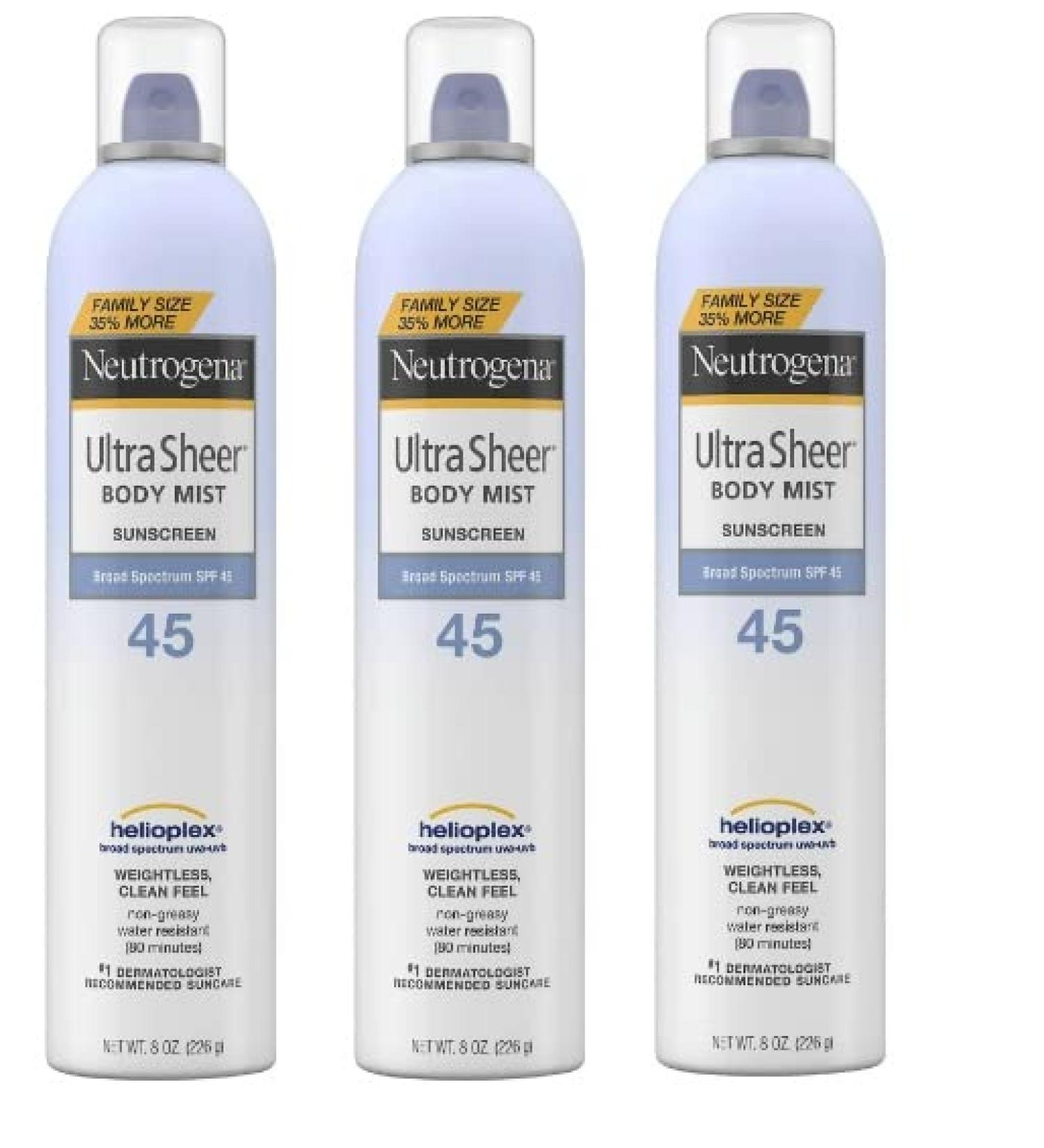 Neutrogena Ultra Sheer SPF 45 Body Mist Sunscreen Spray - 8 oz (Pack of 3) | Broad Spectrum UVA/UVB Protection, Lightweight & Oil-Free - Buy Online on GoSupps.com