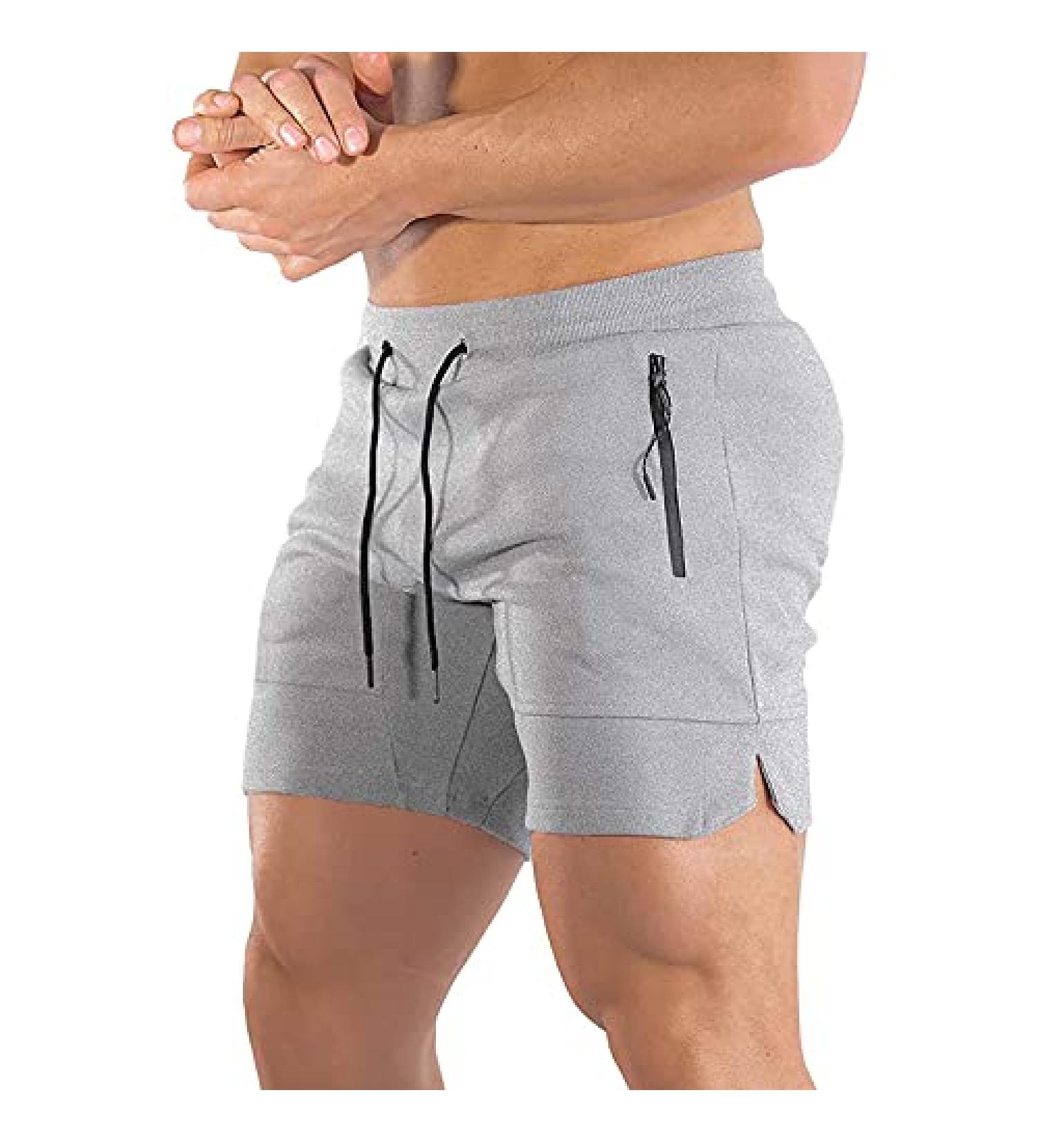 BUXKR Men's 5 Inch Quick Dry Gym Workout Shorts with Zipper Pockets - Light Grey, Medium - Buy Online on GoSupps.com