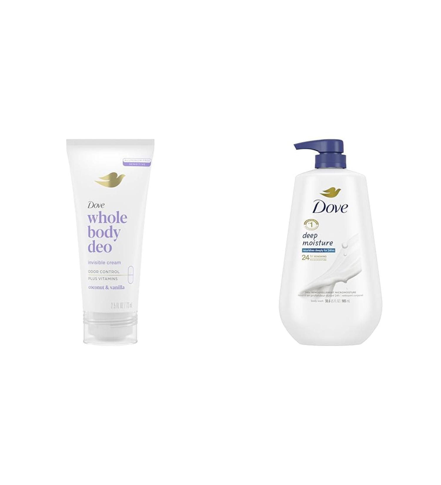 Dove 72h Full Body Deodorant Cream Coconut Vanilla 2.5 oz & Deep Moisture Body Wash Dry Skin Pump 30.6 oz - Buy Online on GoSupps.com