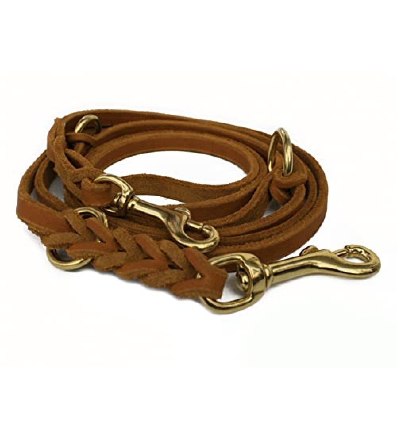 Fat leather Gleine 3-way adjustable leather line braided for dogs 96 models to choose from (3m x 12mm cognac brass hook) 3m x 12mm cognac brass hook
