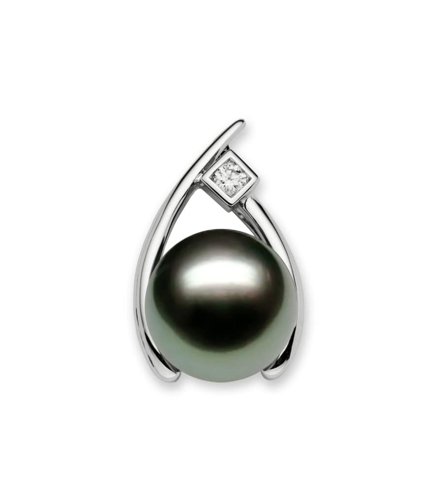 Charming 10-11mm 14K White Gold AAAA Quality Gray Tahitian Cultured Pearl Pendant with Diamond - PremiumPearl