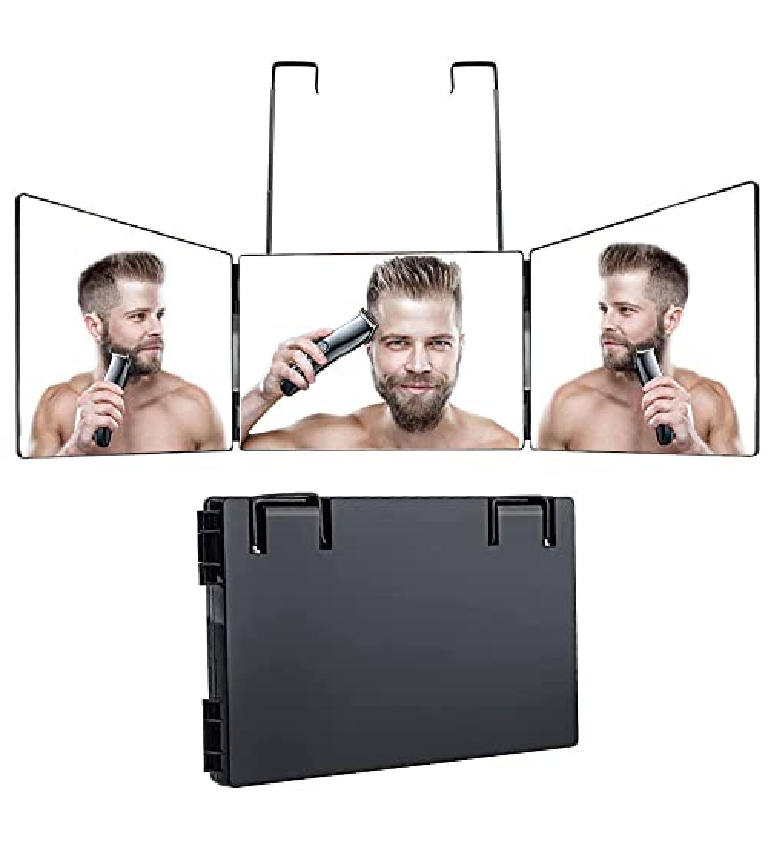 XKWL Rechargeable 3 Way Trifold Mirror with Light - 360 Barber Mirror for Hair Styling, Shaving, Grooming - Adjustable Height and Brightness | Black - Buy Online on GoSupps.com