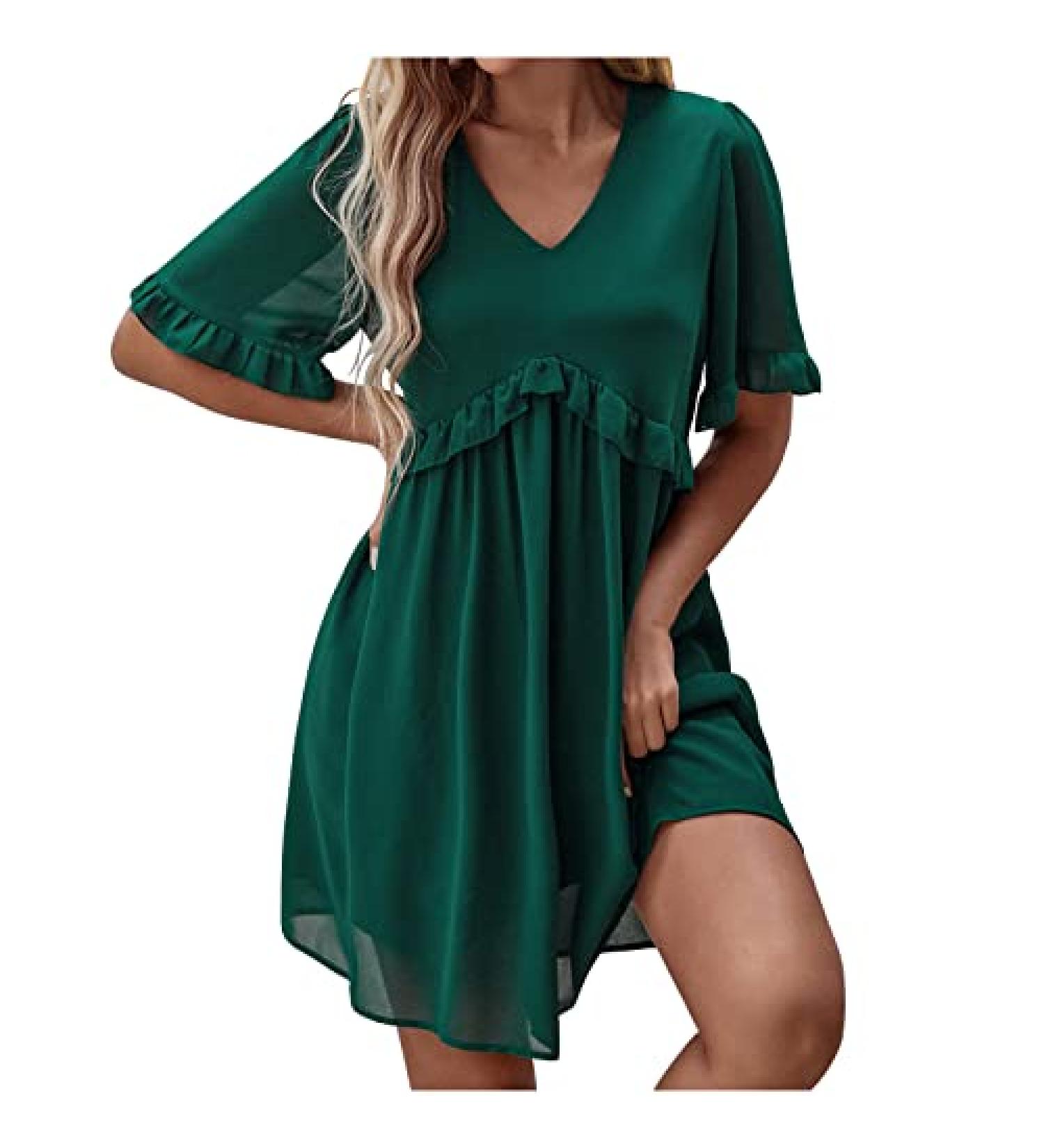 Thsue Women's Green Chiffon Lace Midi Dress - Formal Wedding Guest Short Sleeve Summer Dress - Buy Online on GoSupps.com