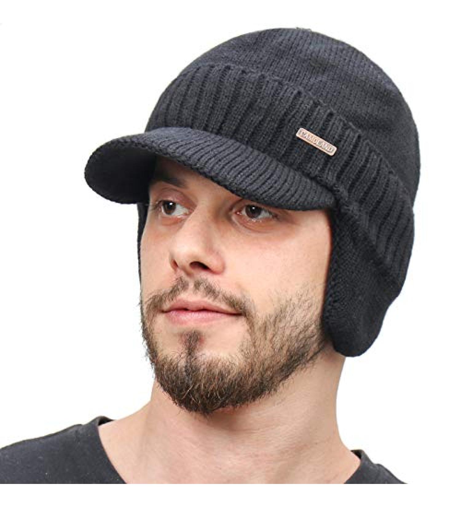 Winter Beanie with Visor & Earflaps for Men - Outdoor Fleece Hat Scarf Set in Black - Buy Online on GoSupps.com