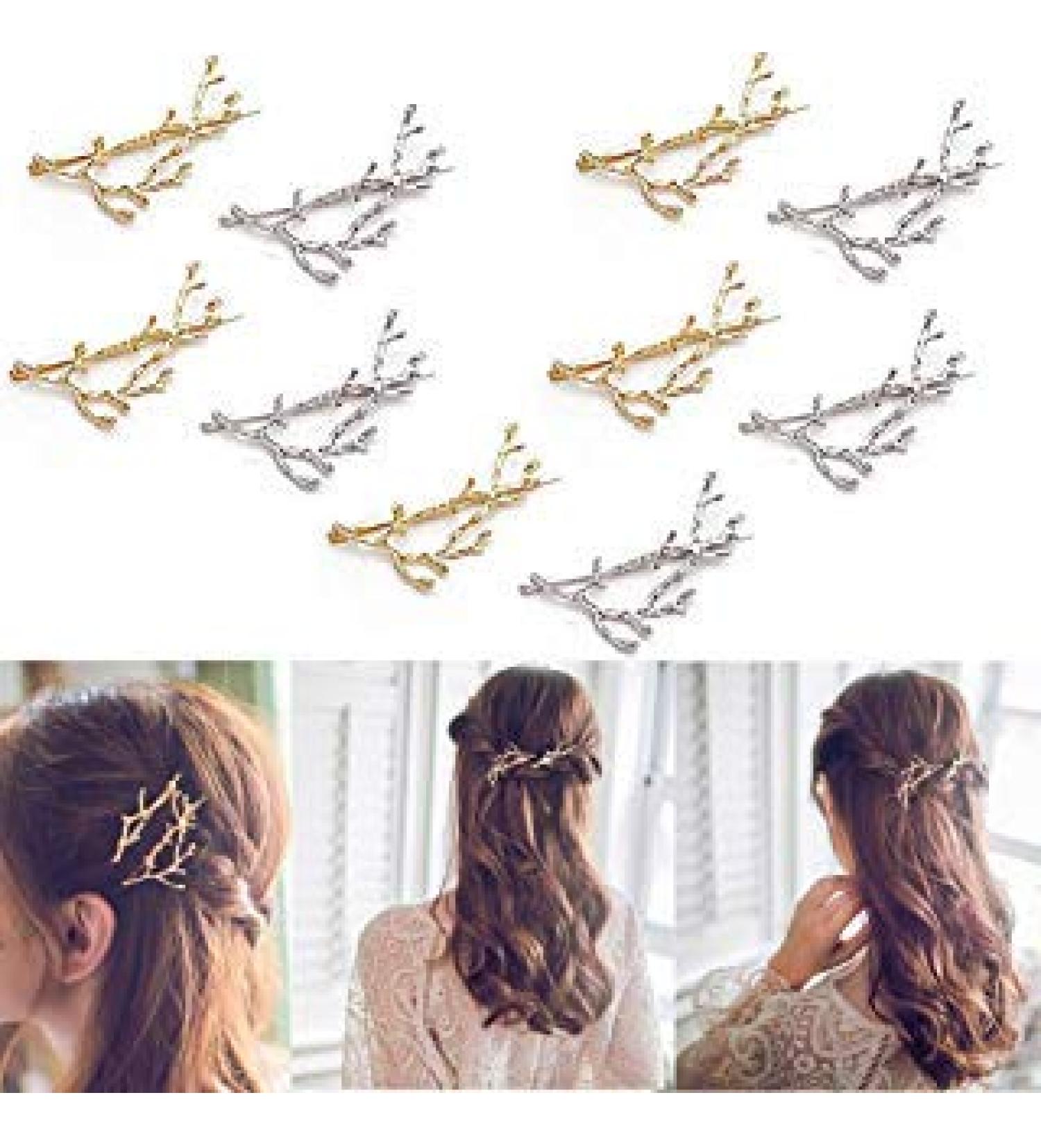Luckycivia 10pcs Minimalist Dainty Gold Silver Metal Hairpin Leaf Hair Clip Clamps Metal Branches Hairpin Hair Accessories  Best Christmas Gifts