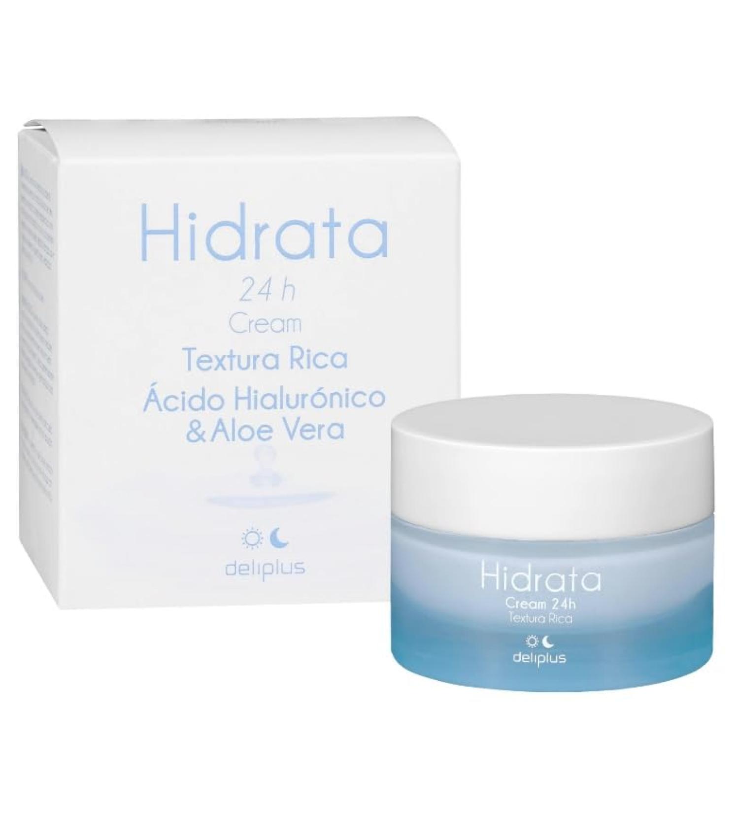 Deliplus Rich texture face cream 50ml moisturizes with hyaluronic acid and aloe vera for all skin types. Deliplus