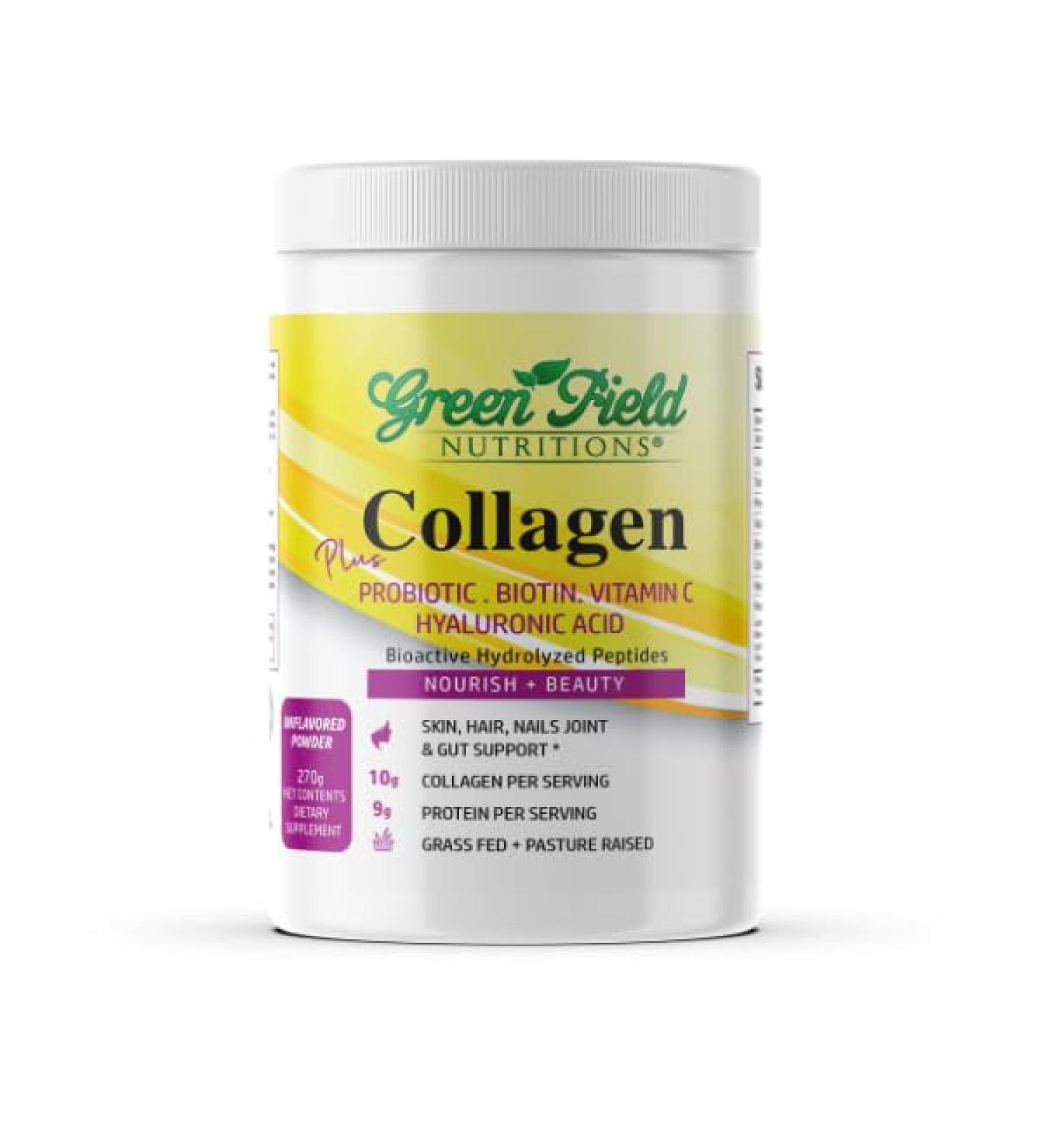 Greenfield Nutritions Halal Collagen Peptides Powder - 9g Halal Protein Probiotic Biotin Hyaluronic Acid & Vitamin C - 270g Halal Collagen for Women & Men - Supports Hair Skin Nails Joints & Gut - Buy Online on GoSupps.com