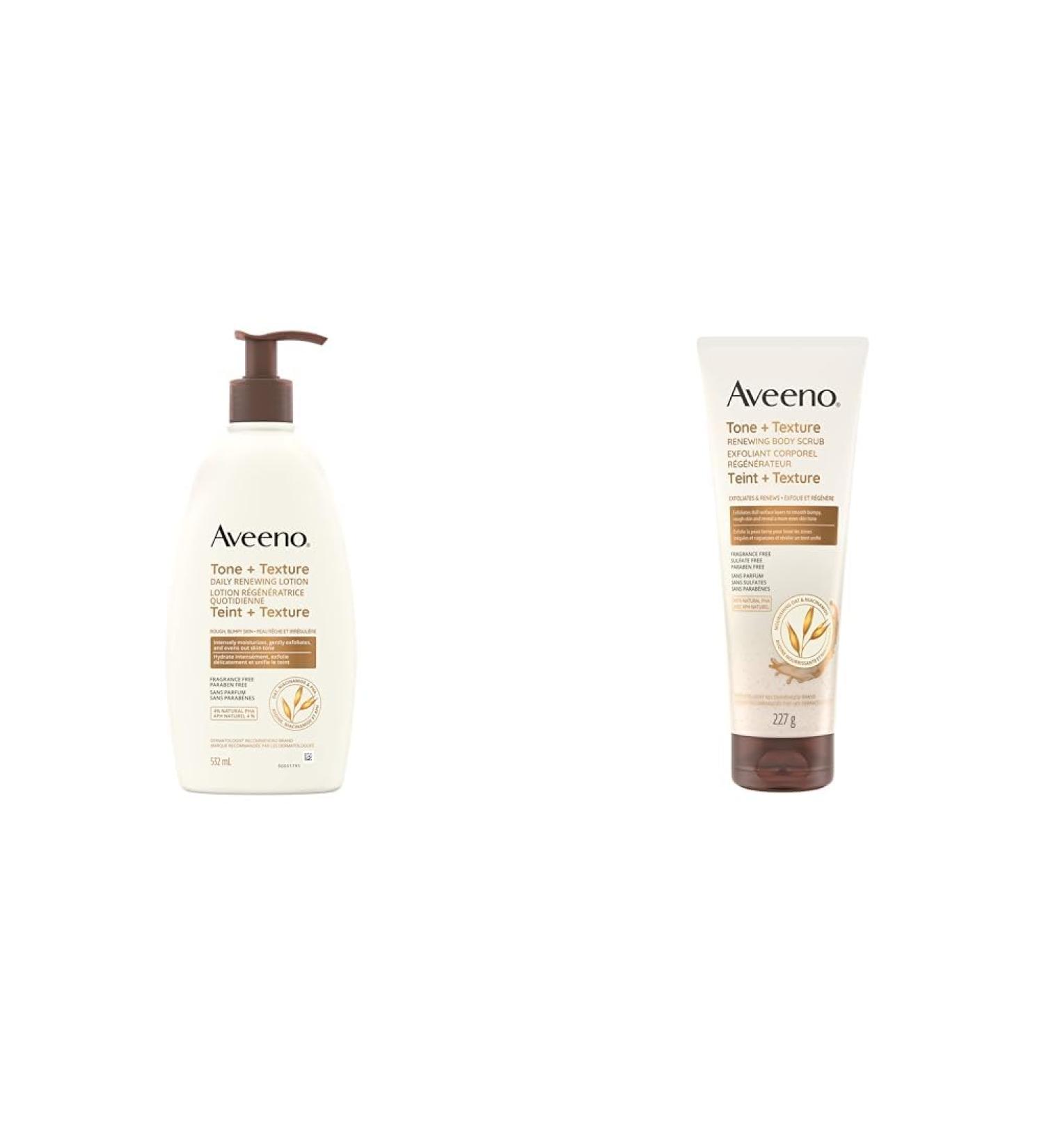 Aveeno Tone and Texture Daily Renewing Lotion Fragrance-Free & Tone and Texture Renewing Body Scrub Oat & Niacinamide Exfoliant Paraben Free Uneven Skin Exfoliator Lotion + Body Scrub - Buy Online on GoSupps.com