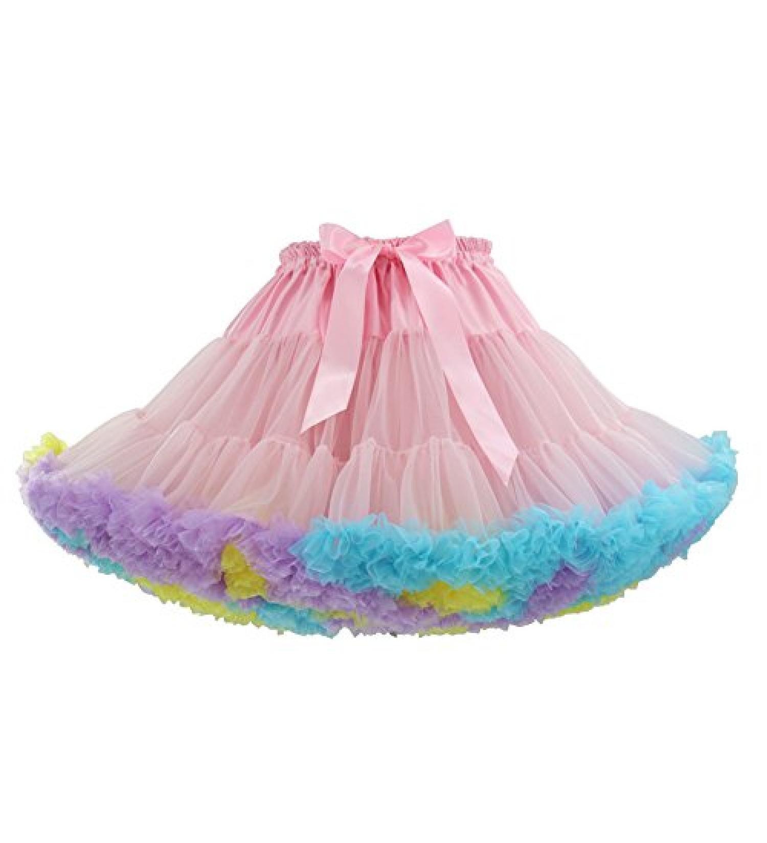 Women's Elastic Waist Chiffon Petticoat Puffy Tutu Tulle Skirt in Pink Rainbow - Buy Online on GoSupps.com