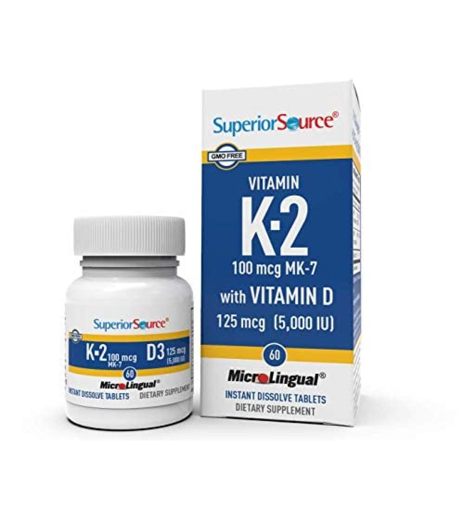 Superior Source K2 (MK-7) 100 mcg with D3 (5000 IU) Supplement Quick Dissolve Sublingual Tablets 60 Count Strengthen Bones Cardiovascular & Immune System Support Joint Health Non-GMO