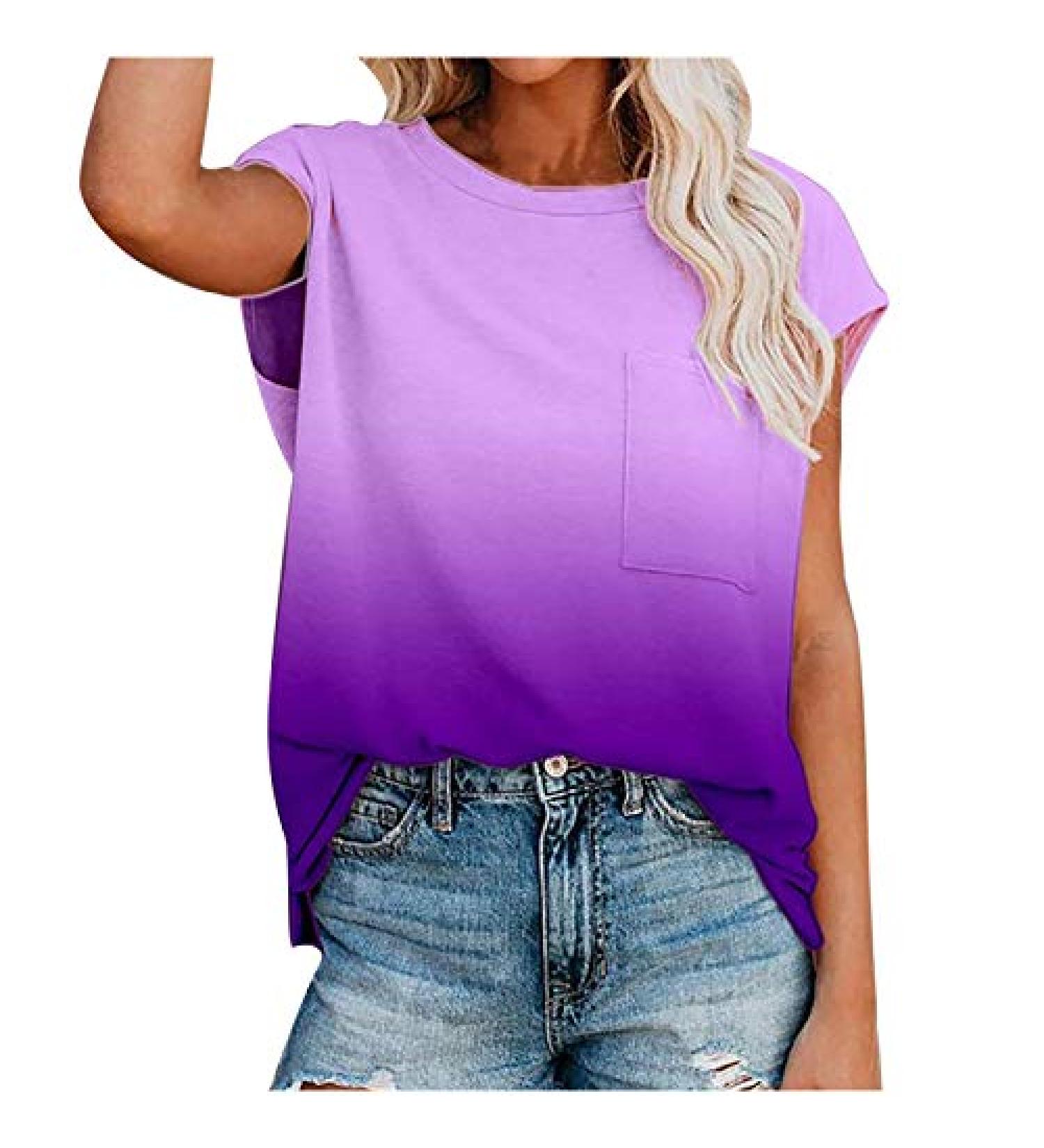 Summer Gradient Print Tee for Women | Cap Sleeve Crewneck T-Shirt with Pockets - White XXL - Buy Online on GoSupps.com