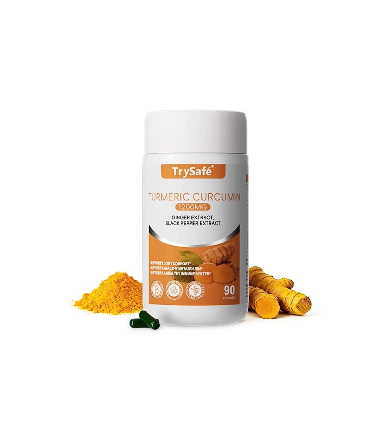 TrySafe 3-in-1 1200mg Turmeric Curcumin Supplement with 90mg Ginger & 6mg Black Pepper Extract - High Absorption Turmeric Curcumin Complex Proprietary Blend Daily Joint and Immune Health Support* - Buy Online on GoSupps.com