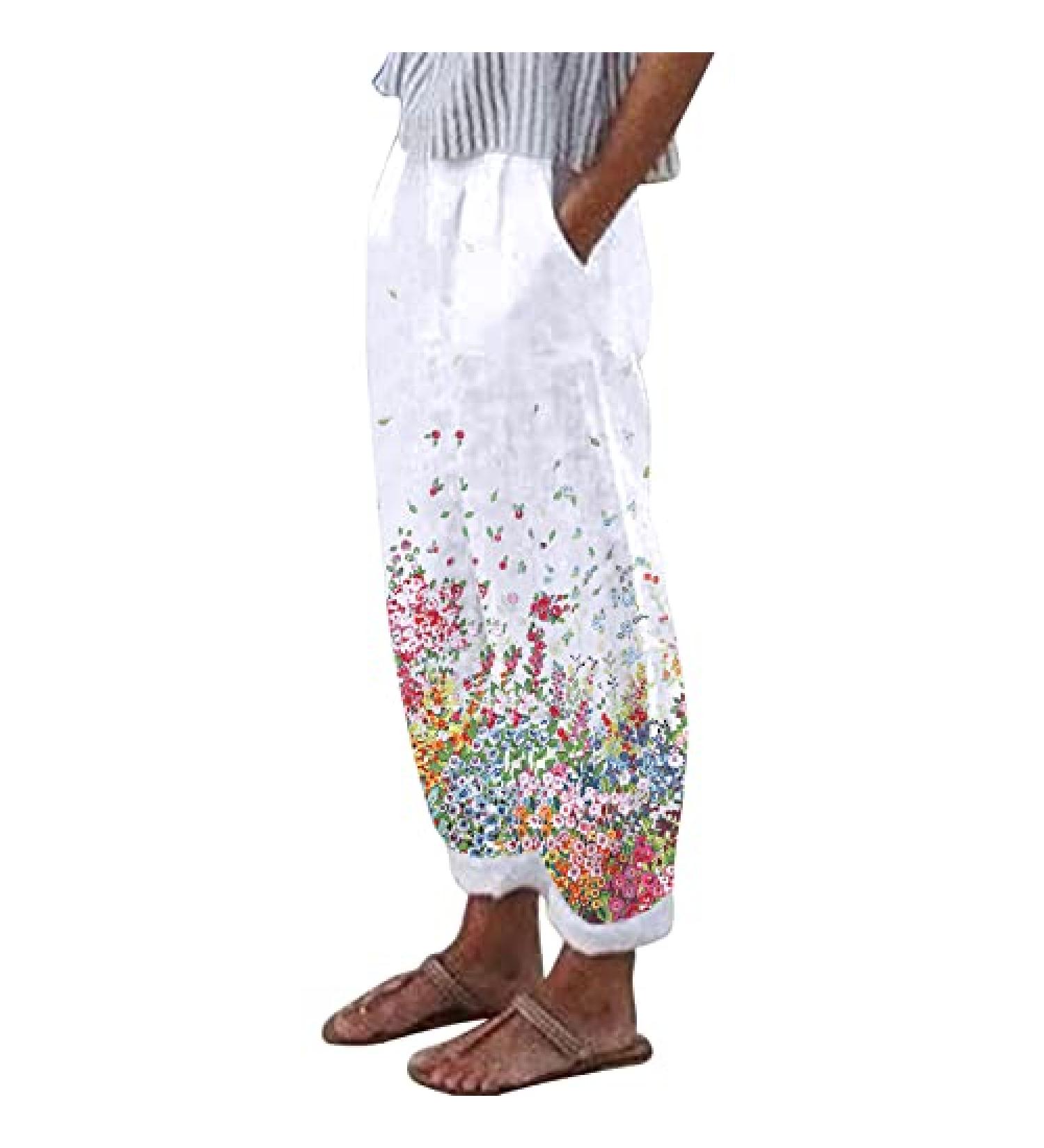 Gufesf Women's Summer Pink Cotton Linen Capris Pants | Casual Loose Fit Trousers with Pockets | Wide Leg Pants for Women - Medium - Buy Online on GoSupps.com