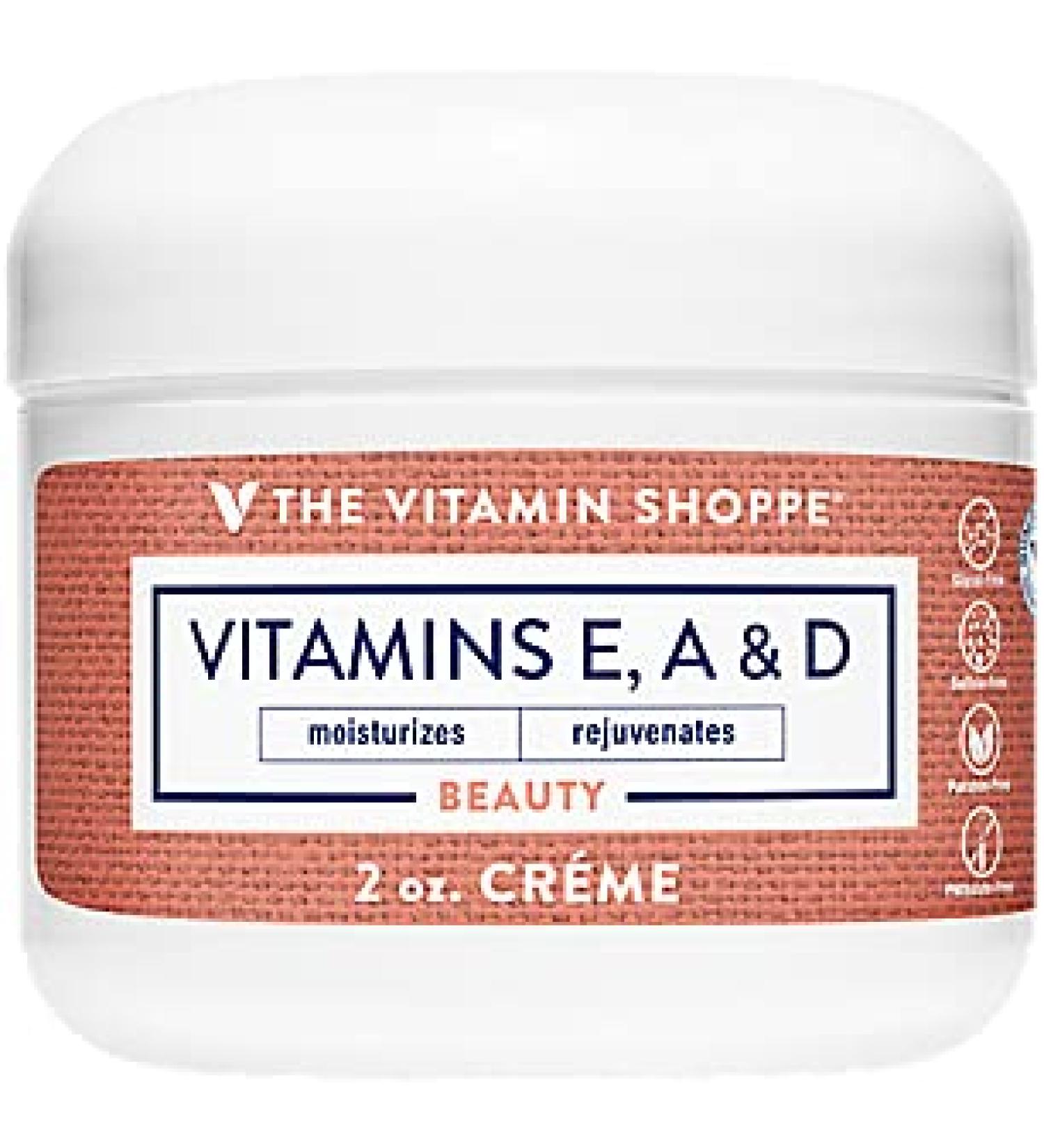 The Vitamin Shoppe Vitamin E  A and D Cr me  Moisturizes and Rejuvenates  Apply After Cleansing to Damp Skin Daily (2 Ounces Cream)