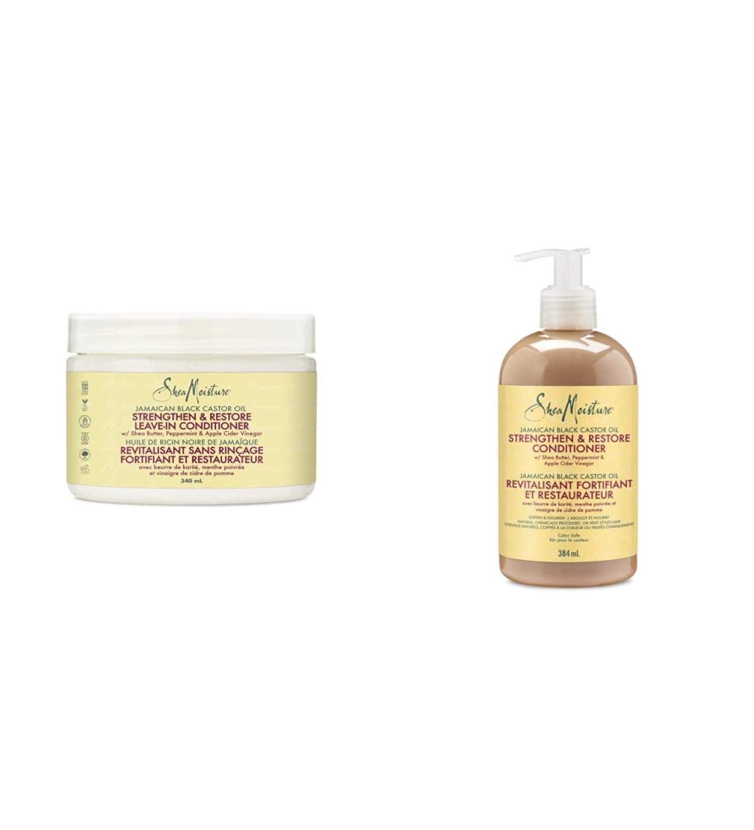 SheaMoisture Jamaican Black Castor Oil Strengthen & Restore Leave-in Conditioner | Conditioner (Restorative Formula) 340 ml + 384 ml Castor Oil + Conditioner Peppermint and Apple - Buy Online on GoSupps.com