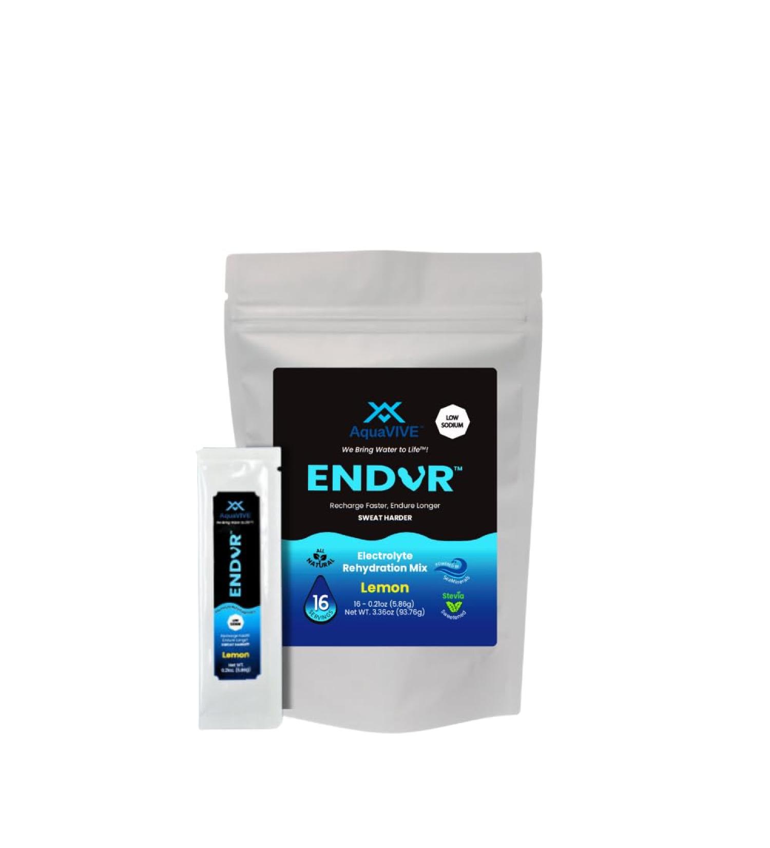 AquaVIVE ENDUR Electrolytes Powder - Lemon Flavored Rehydration Mix Packets with Magnesium Glycinate Sugar Free Stevia Sweetened Low Sodium Sea Minerals Real Lemon Juice - 16 Packets - Buy Online on GoSupps.com