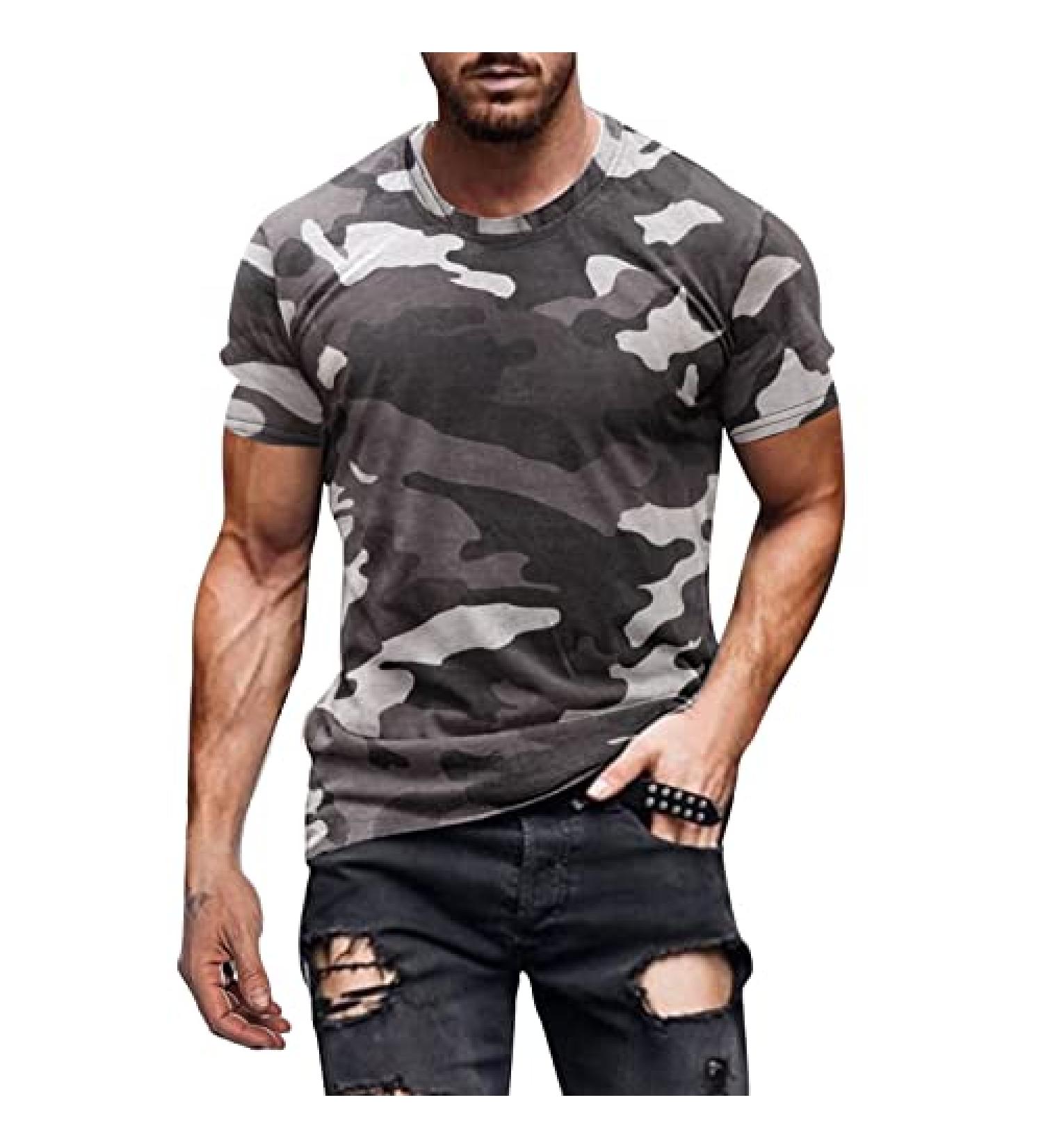 BEUU Men's Soldier Camo Crewneck T-Shirt - Gray, XL | Summer Athletic Muscle Tee - Buy Online on GoSupps.com