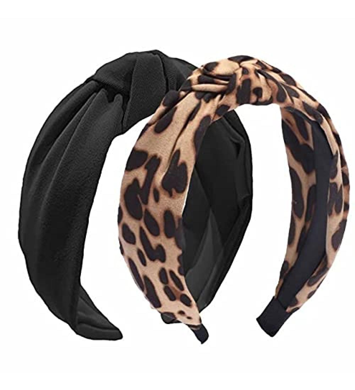 2PCS Bow Knotted Wide Headbands for Women - Elastic Yoga Hair Accessories - Black & Leopard - Buy Online on GoSupps.com