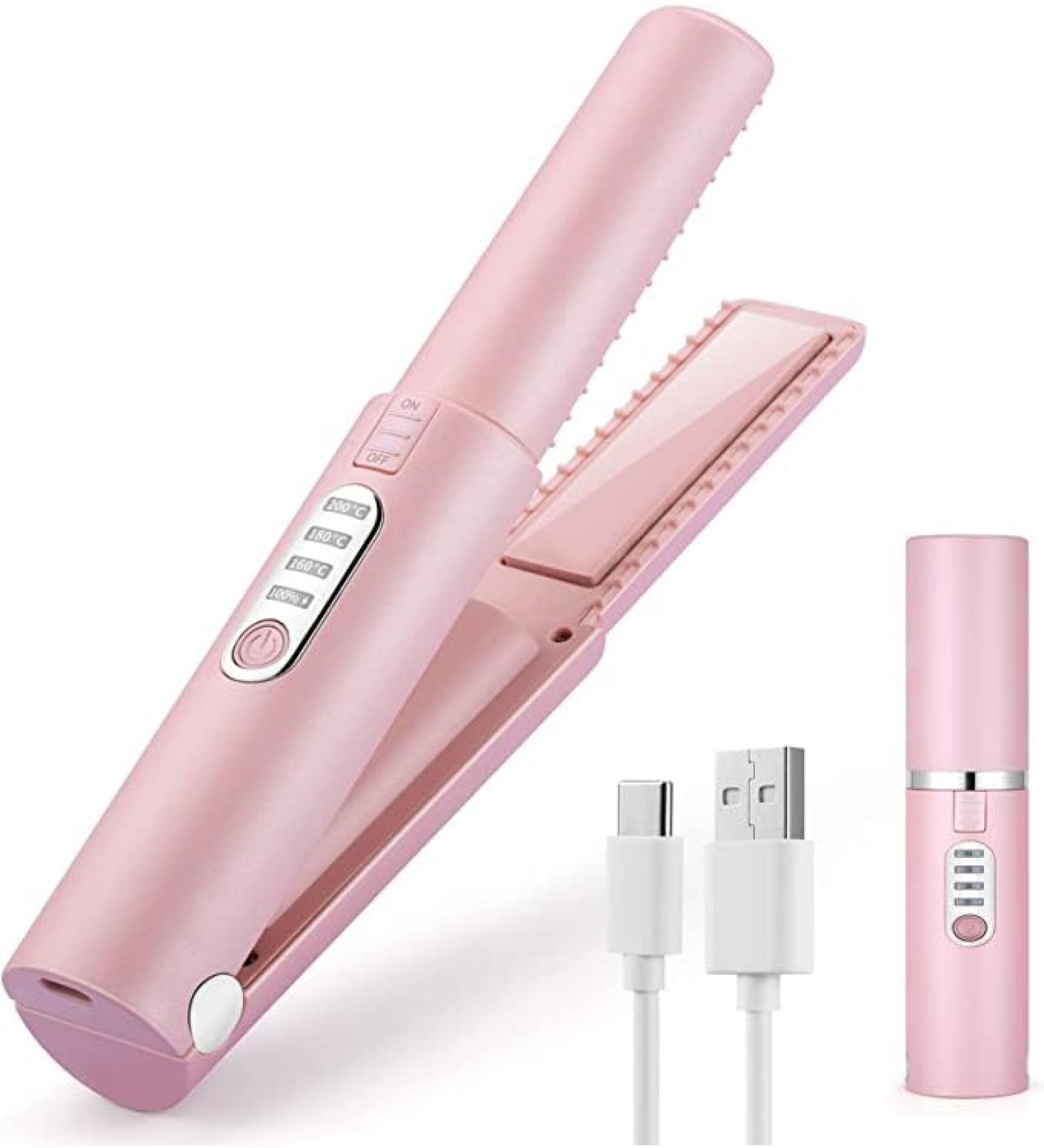Buy Cordless Hair Straightener & Curler 2 in 1 - Portable Mini Iron with 5000mAh Battery Fast Heating & Negative Ion Technology - Ideal for Travel - Pink - Buy Online on GoSupps.com