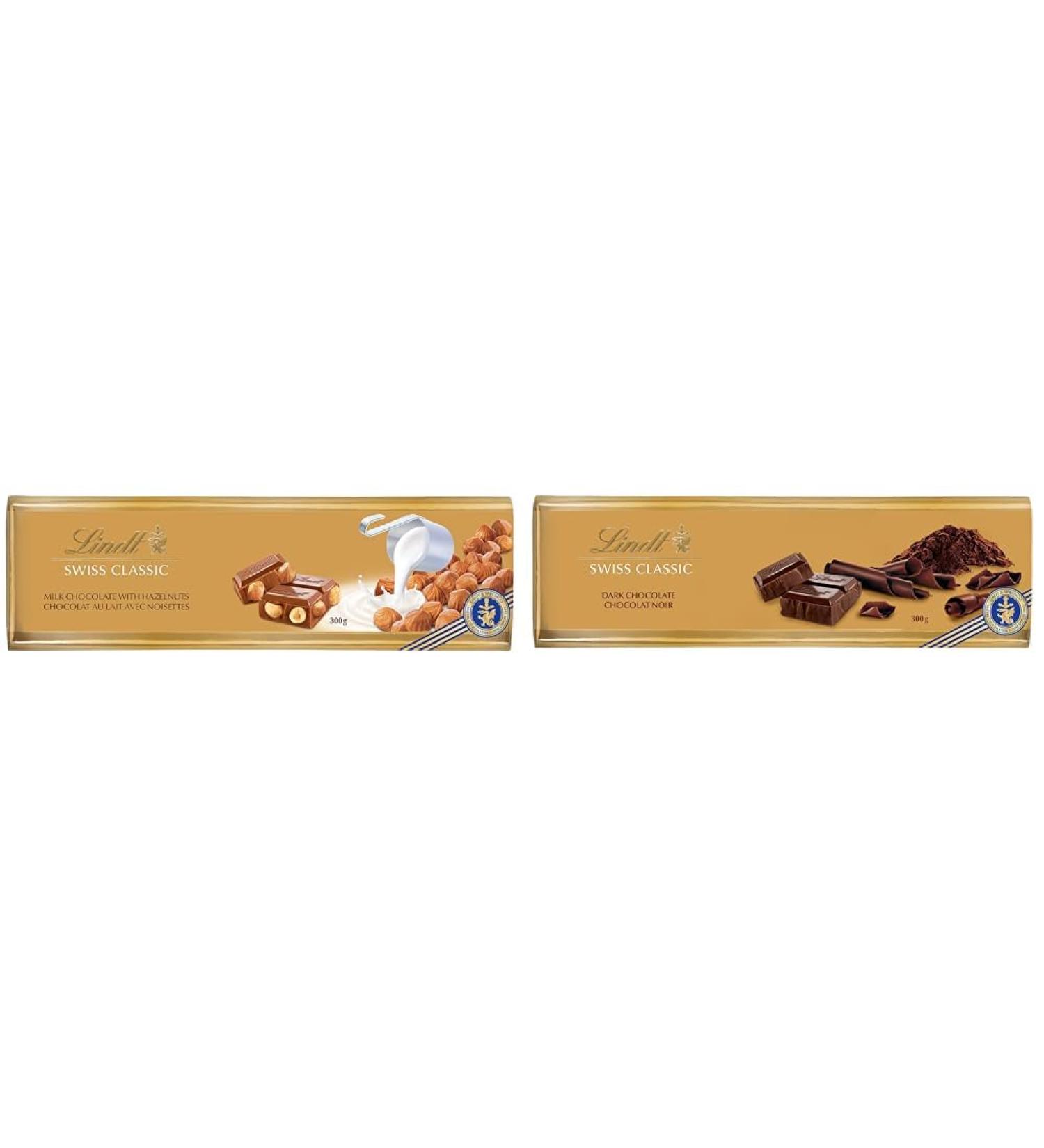 Lindt Swiss Classic Milk Chocolate With Whole Roasted Hazelnuts - 300g & SWISS CLASSIC Gold Surfin Dark Chocolate Bar 300 Gram Chocolate Bar - Buy Online on GoSupps.com